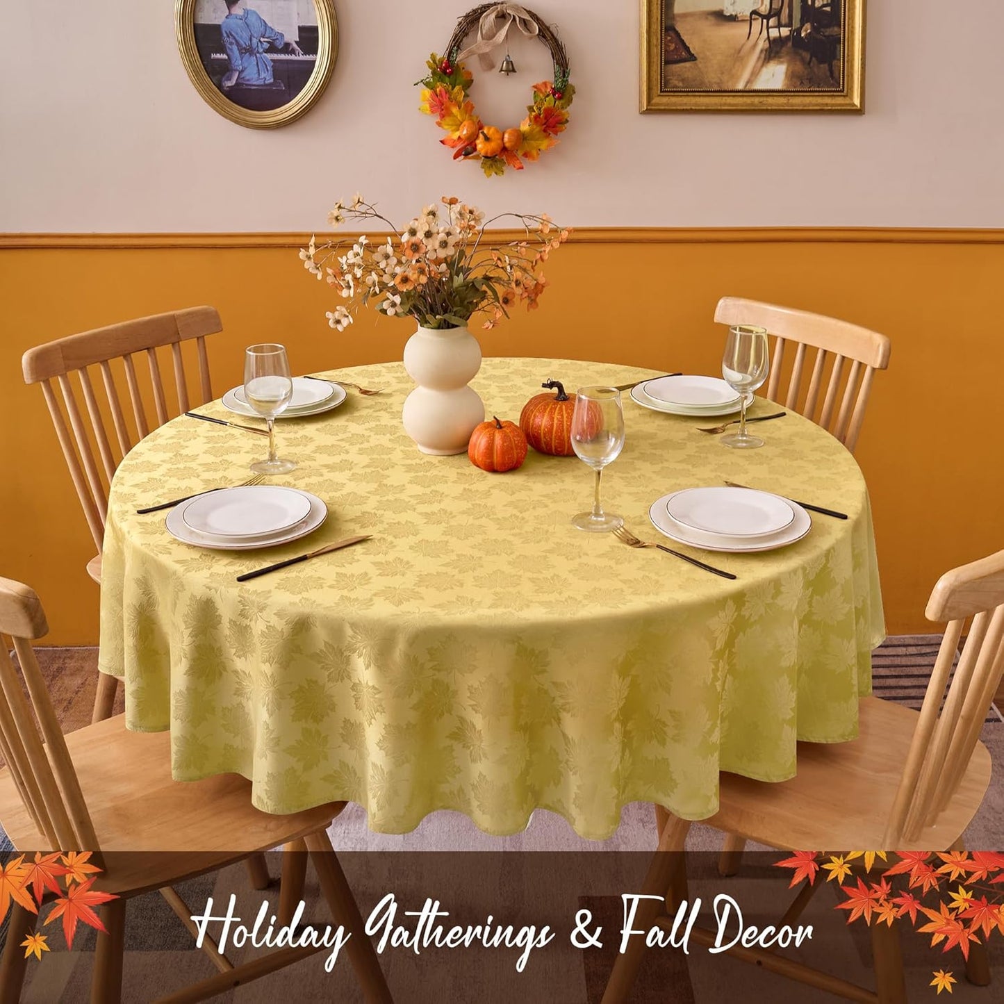 Fall round Tablecloth 60''-Gold Thanksgiving Autumn Harvest Gathering Jacquard Fabric Damask Table Cloth, Small Circle Folding Table Covers Kitchen Dinner Dining Picnic Holiday Parties