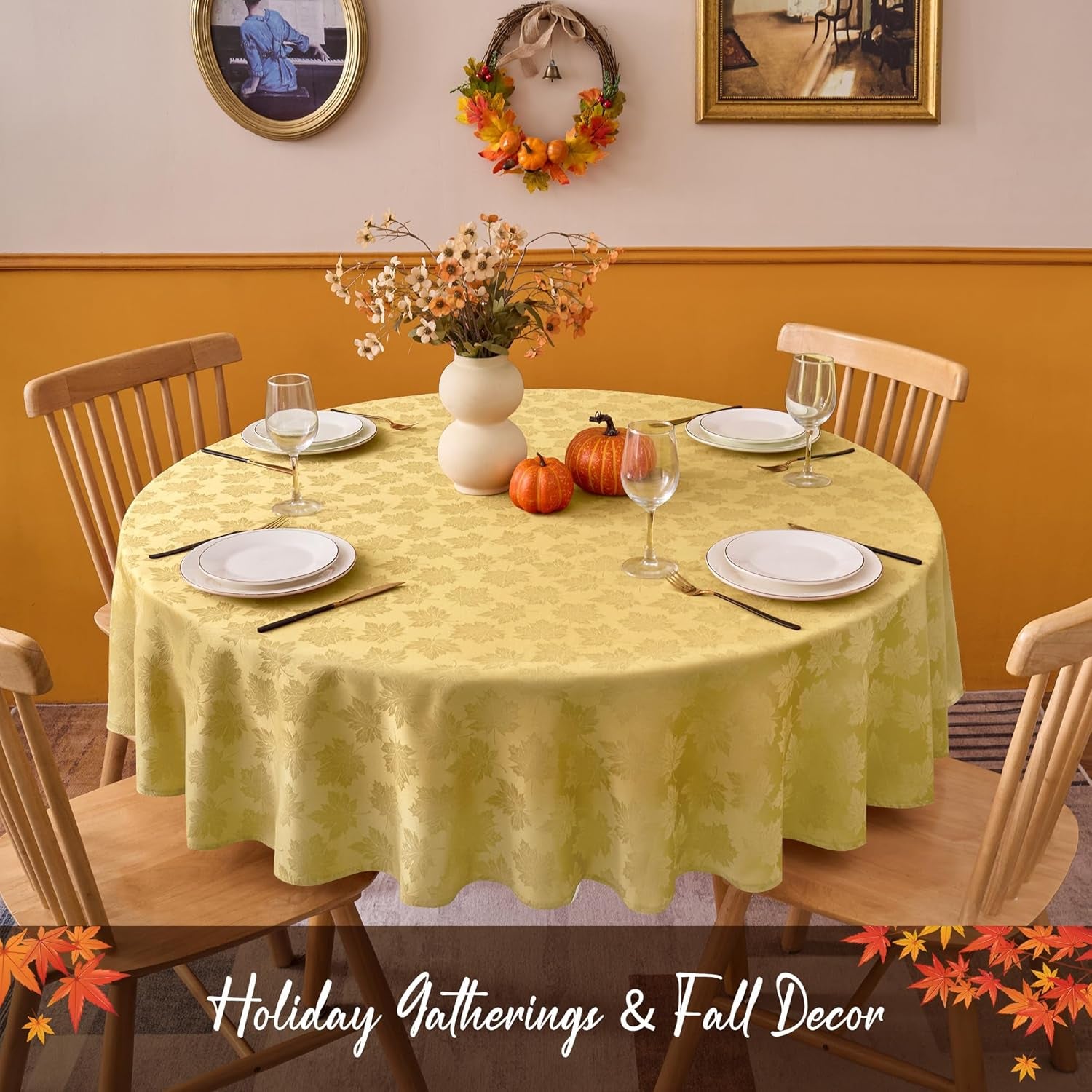 Fall round Tablecloth 60''-Gold Thanksgiving Autumn Harvest Gathering Jacquard Fabric Damask Table Cloth, Small Circle Folding Table Covers Kitchen Dinner Dining Picnic Holiday Parties