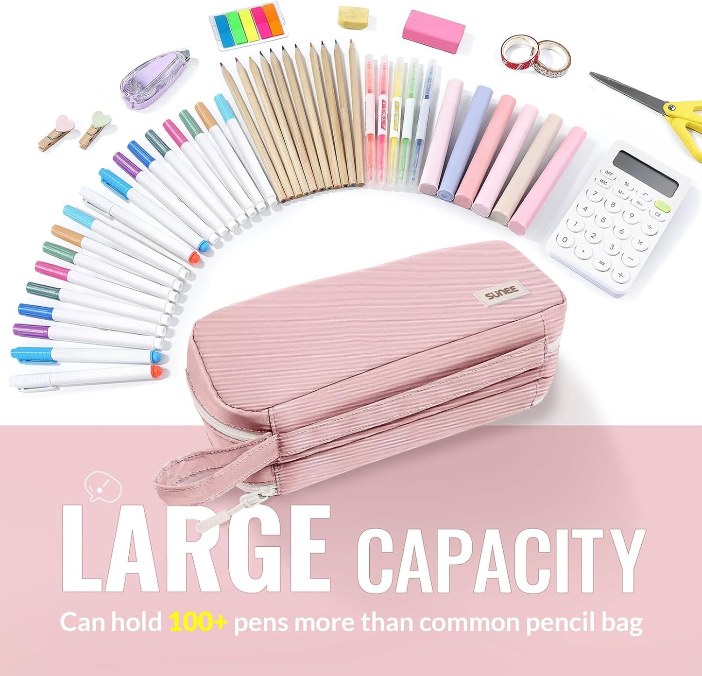 Pencil Case, Large Capacity Pencil Pouch, Aesthetic Pen Bag Office Stationery Organizer Simple Sturdy Multifunctional for Teen Girls Women Men, Pink