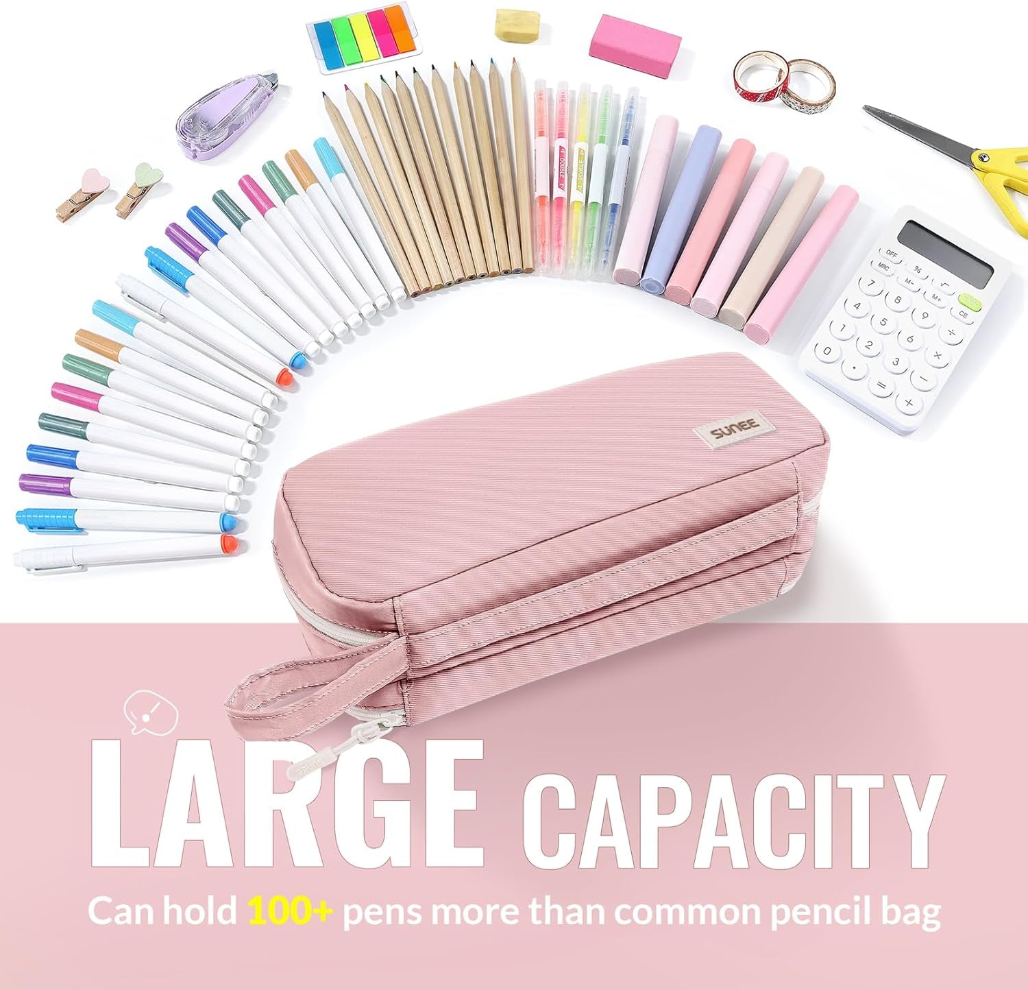 Pencil Case, Large Capacity Pencil Pouch, Aesthetic Pen Bag Office Stationery Organizer Simple Sturdy Multifunctional for Teen Girls Women Men, Pink