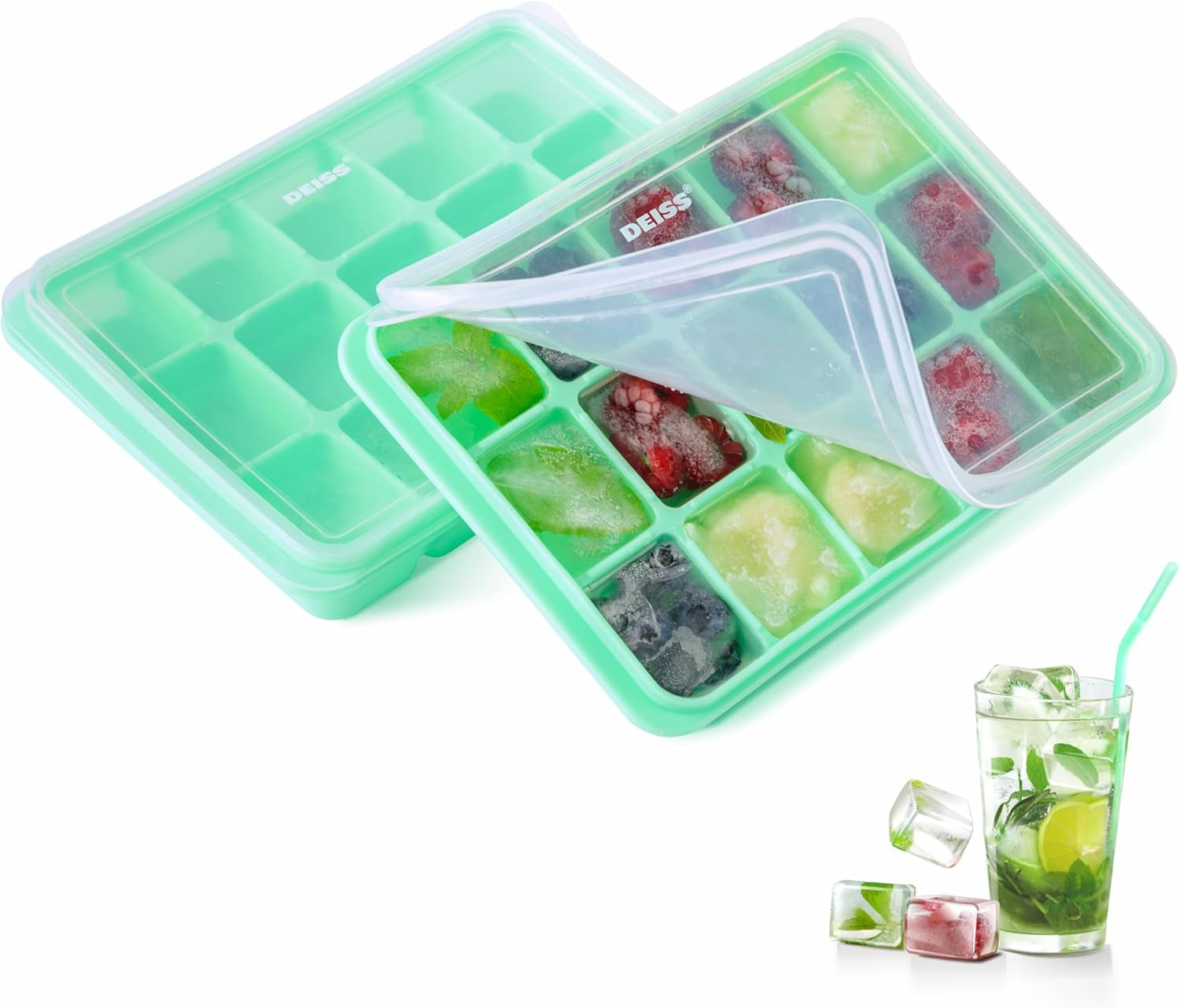 PRO Ice Cube Tray with Removable Lid 2 Pack, Flexible Easy-Release Silicone Ice Cube Trays for Freezer, Durable & Odor-Resistant, Stackable & Space-Saving Ice Tray, Easy to Clean Ice Molds