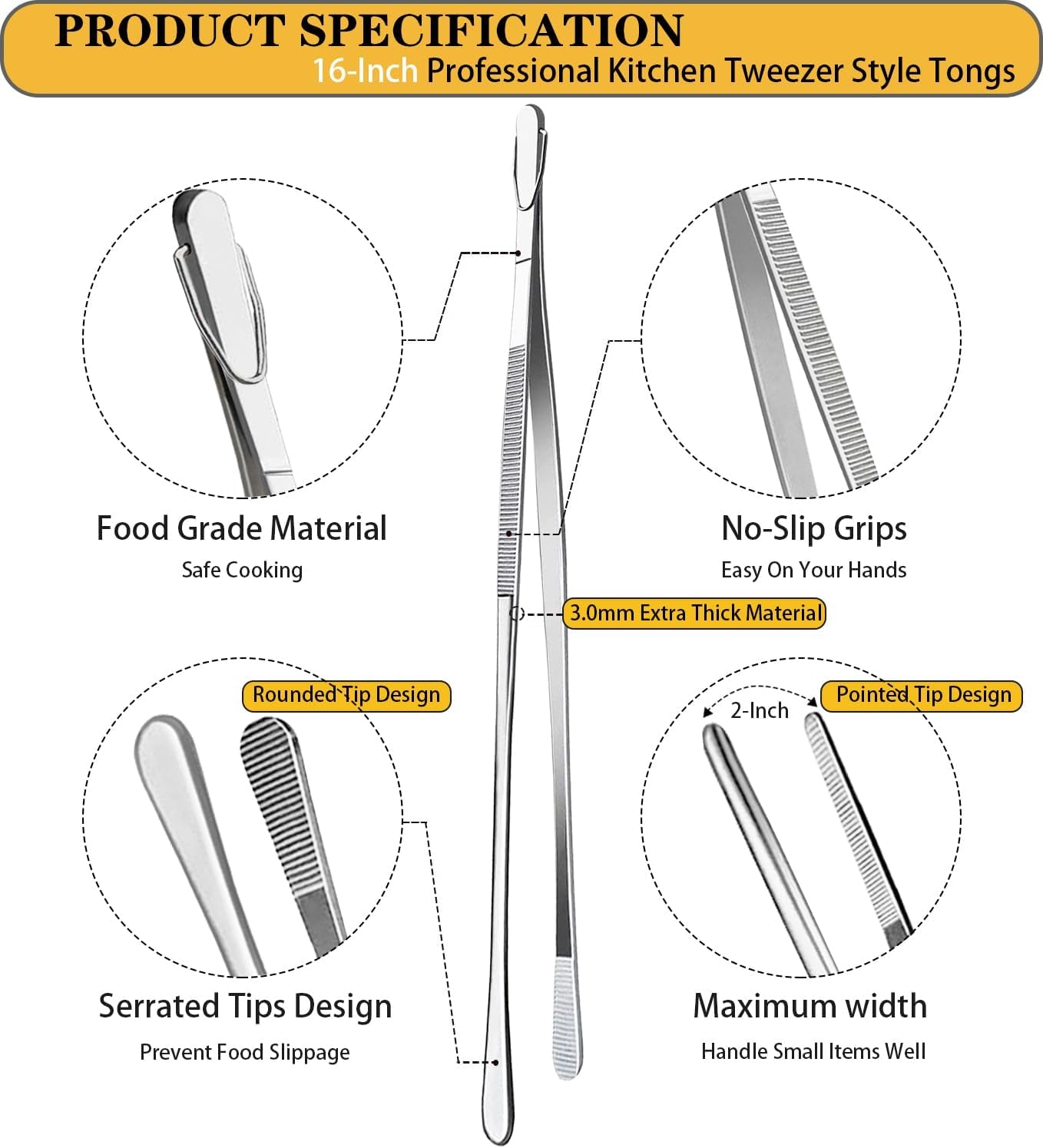 16-Inch Kitchen Tweezers Fine Tweezer Tongs Extra-Long Stainless Steel Cooking Tweezers (Point-Tips)