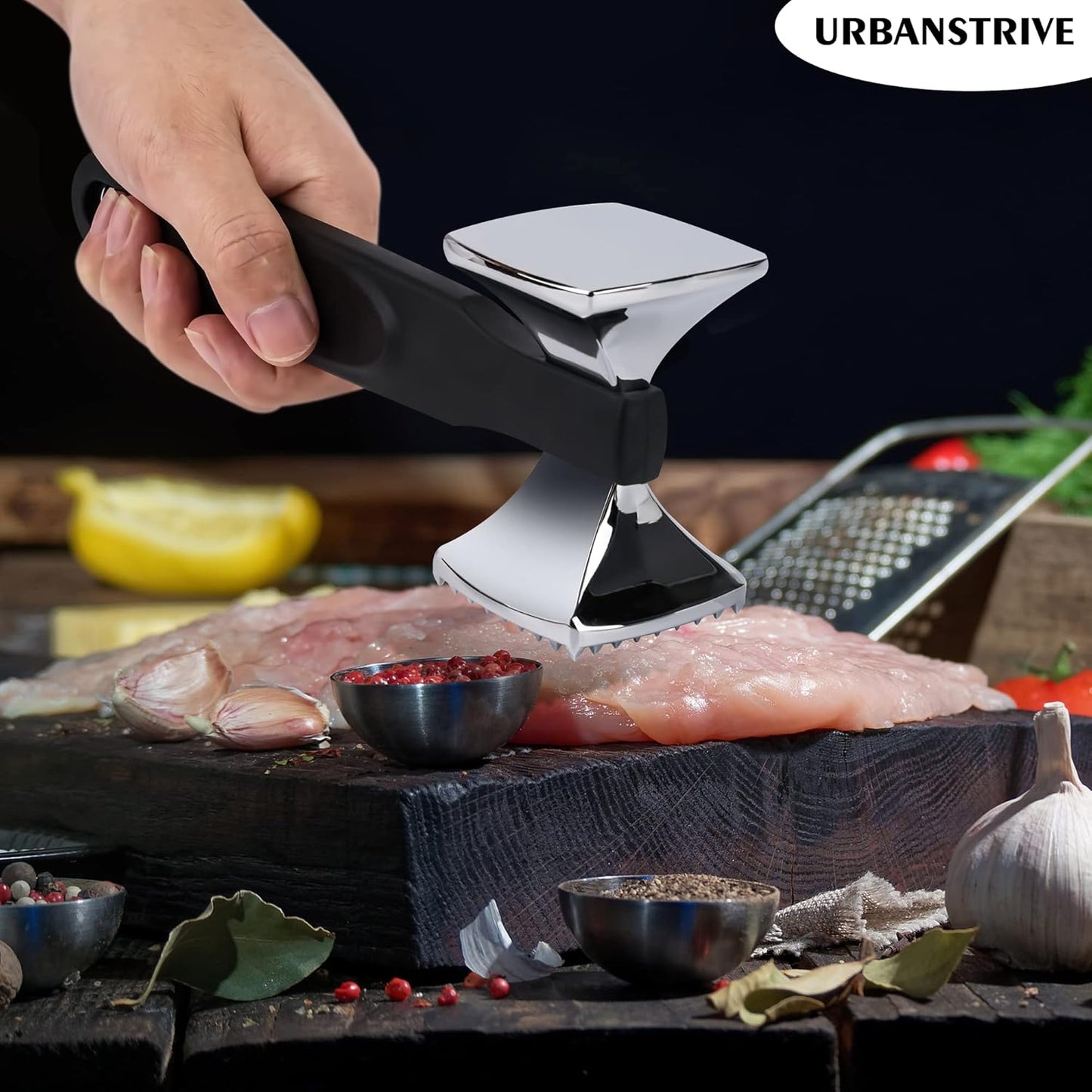 Premium Heavy Duty Meat Tenderizer Hammer, Stainless Steel Meat Mallet Tenderizer, Dual-Sided Meat Hammer Tenderizer, Meat Pounder Kitchen Mallet for Beef, Chicken Pounder, Black