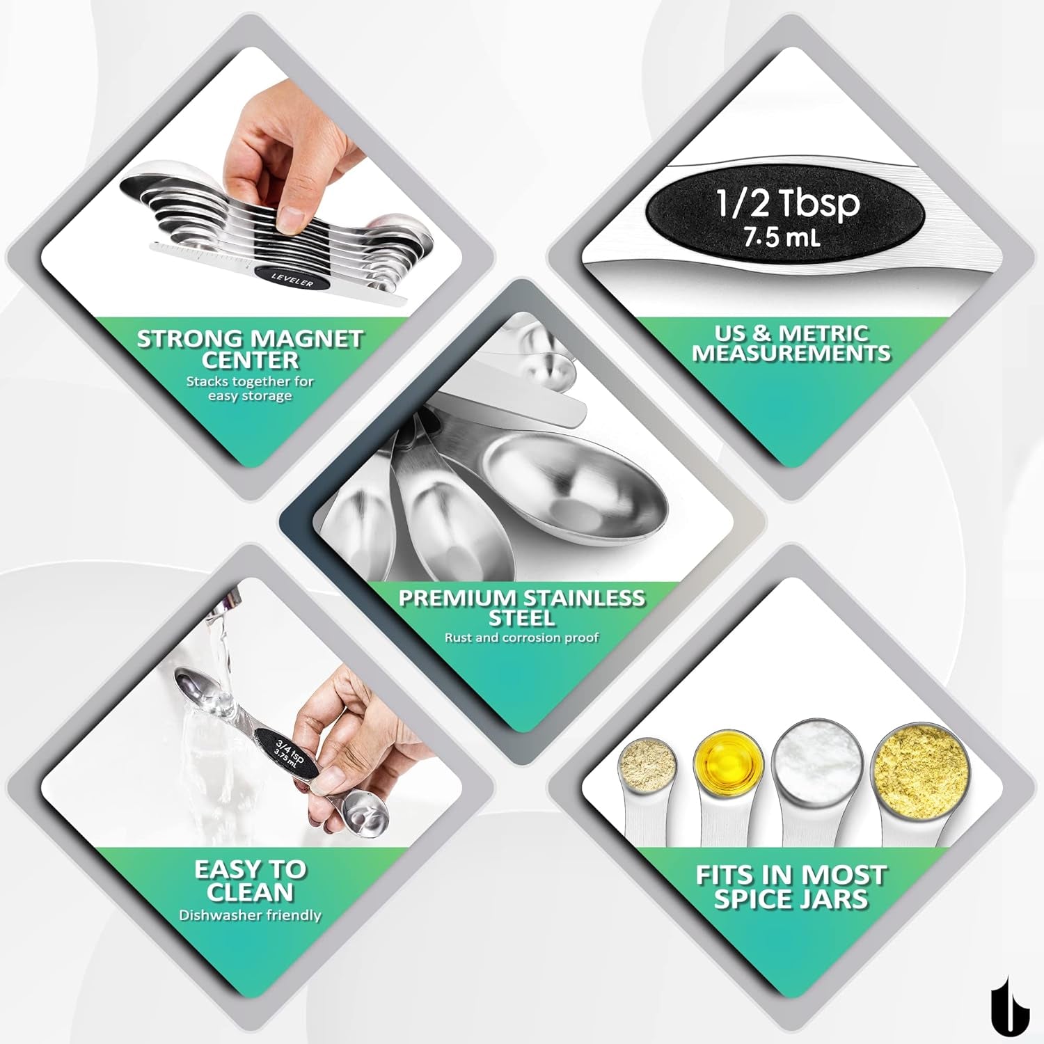 8 Pcs Upgraded Magnetic Measuring Spoons Set Stainless Steel Dual Sided for Liquid Dry Food Measuring Cups Spoons Set Fits in Spice Jar Kitchen Gadgets Including Leveler, Silver