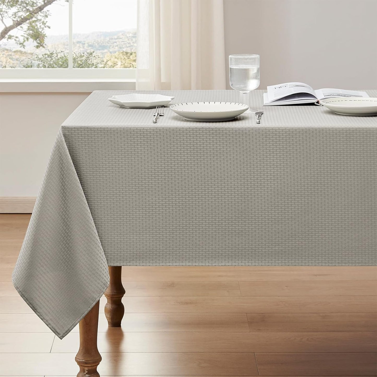 Rectangle Tablecloth Weaved Textured Water Resistant Spill Proof Table Cloth, Decorative Fabric Wrinkle Free Table Cover for Events and Dinner, 60 X 84 Inch, Light Grey