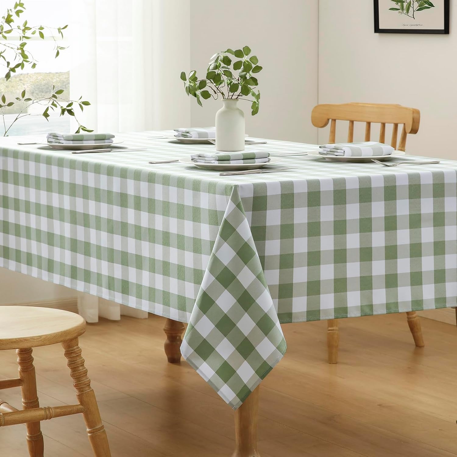 Checkered Tablecloth Rectangle Waterproof Gingham Table Cloth Washable Buffalo Plaid Table Cover Wrinkle Free for Kitchen, Dining and Outdoor Picnic, 52 X 70 Inch, Sage Green and White