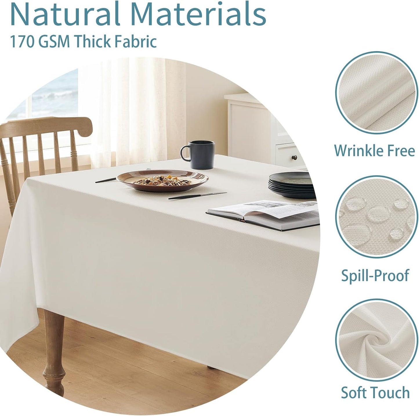 Textured Tablecloth Rectangle Waterproof Table Cloth, Washable Table Cover Wrinkle Free Fabric Tabletop Decoration for Kitchen, Dining, Wedding, Parties, 60 X 84 Inch, Ivory