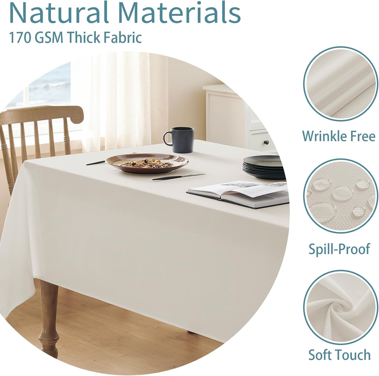 Textured Tablecloth Rectangle Waterproof Table Cloth, Washable Table Cover Wrinkle Free Fabric Tabletop Decoration for Kitchen, Dining, Wedding, Parties, 60 X 84 Inch, Ivory