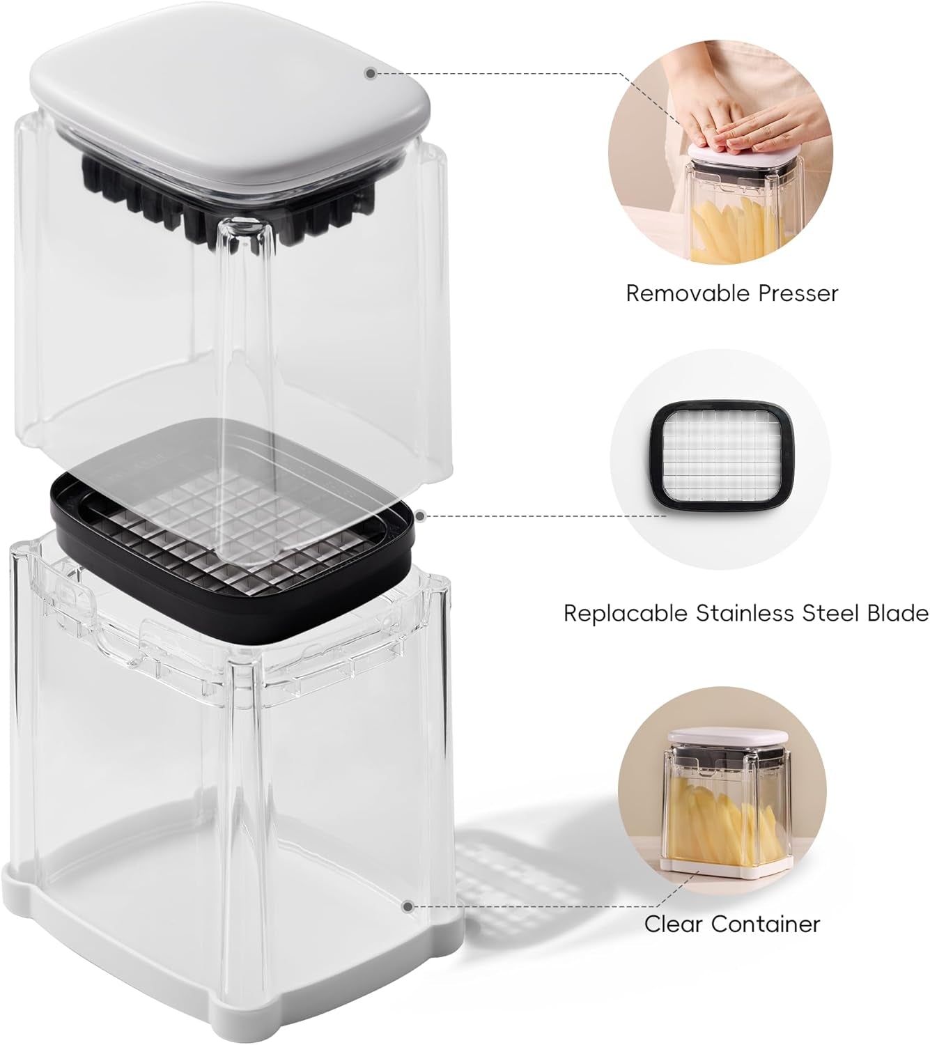 French Fry Cutter for Potato, Mandoline Slicer Vegetable Chopper Potato Slicer with 8-Wedge Blade & Dicer Grid, Bpa-Free Container, Versatile for Potatoes, Carrots, Cucumbers, Apple