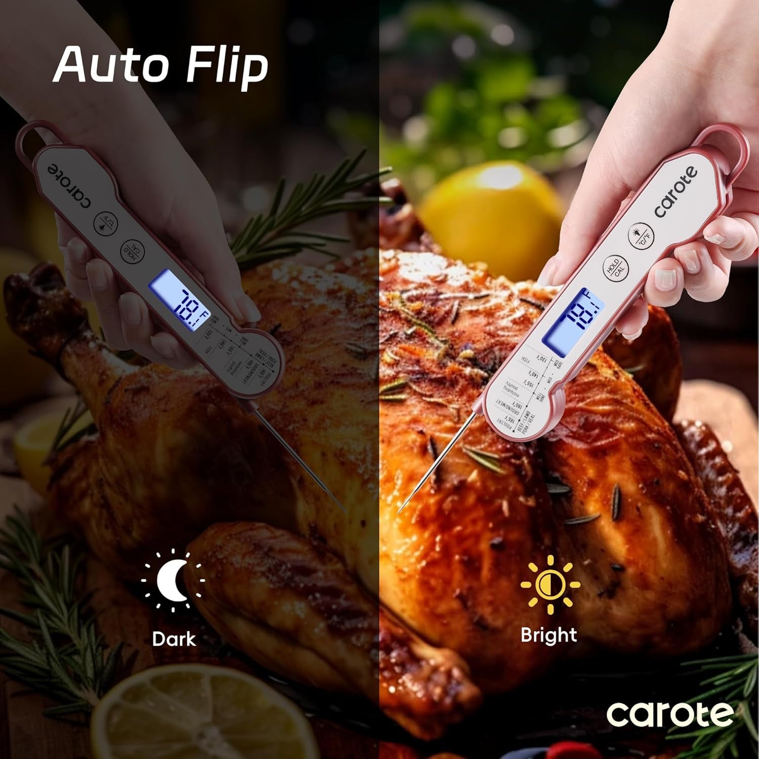 Instant Read Meat Thermometer Digital, 100% Waterproof/Auto Flip/Bright LCD Screen Function for Kitchen and Outside，Bbq, Turkey, Candy, Liquids, Beef (White/Red)