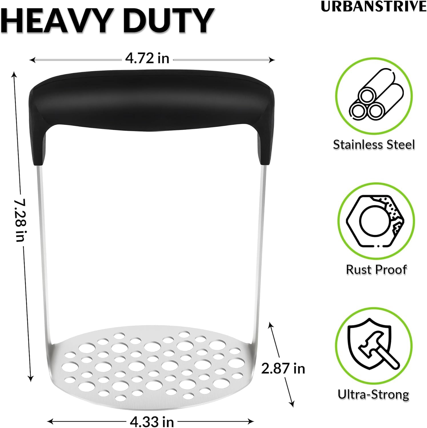 Upgraded Potato Masher, Durable Non-Break Handle, Rust-Proof, Dishwasher Safe, Heavy Duty 304 Stainless Steel, Kitchen Gadgets Gifts, Black