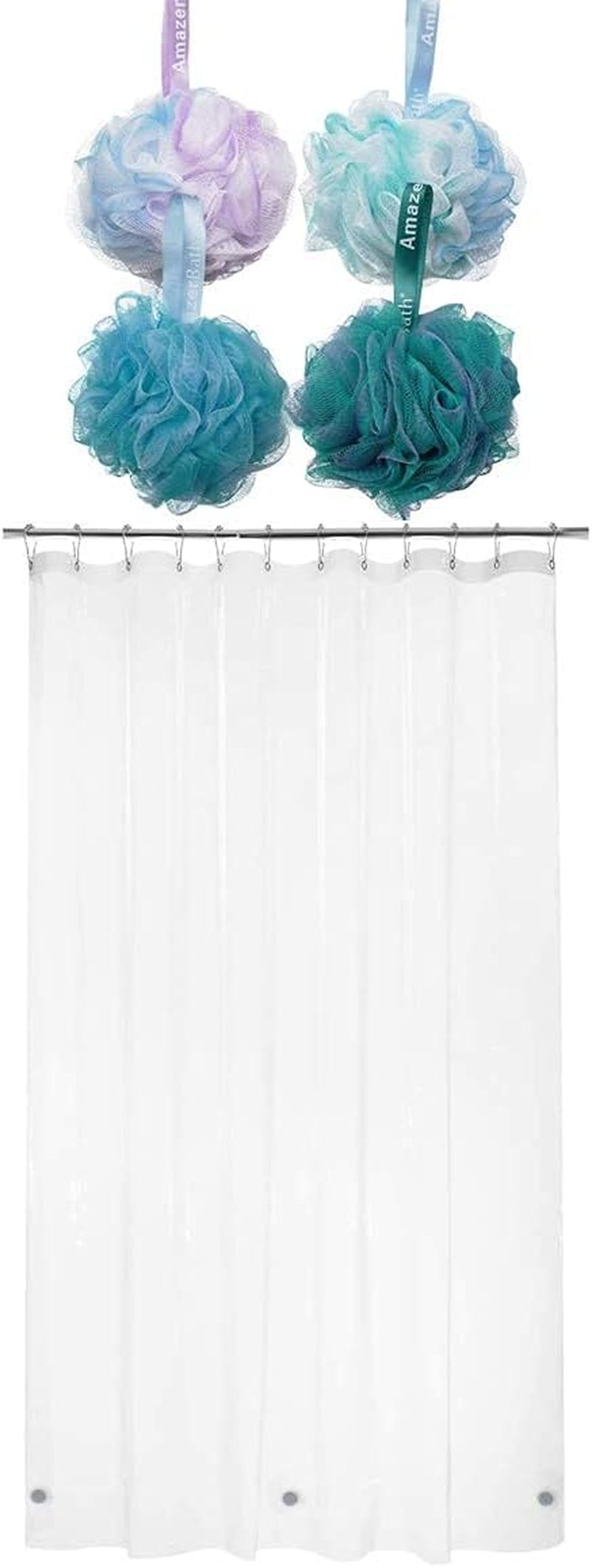 Shower Bath Sponge Shower Loofahs Balls 75G/Pcs and  72X72 Inches PEVA 3G Shower Curtain Liner