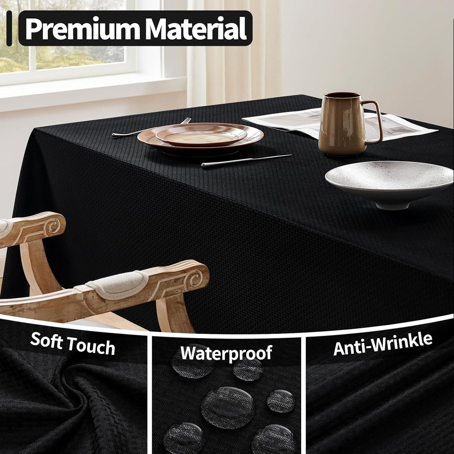 Rectangle Tablecloth Weaved Textured Water Resistant Spill Proof Table Cloth, Decorative Fabric Wrinkle Free Table Cover for Events and Dinner, 60 X 84 Inch, Black