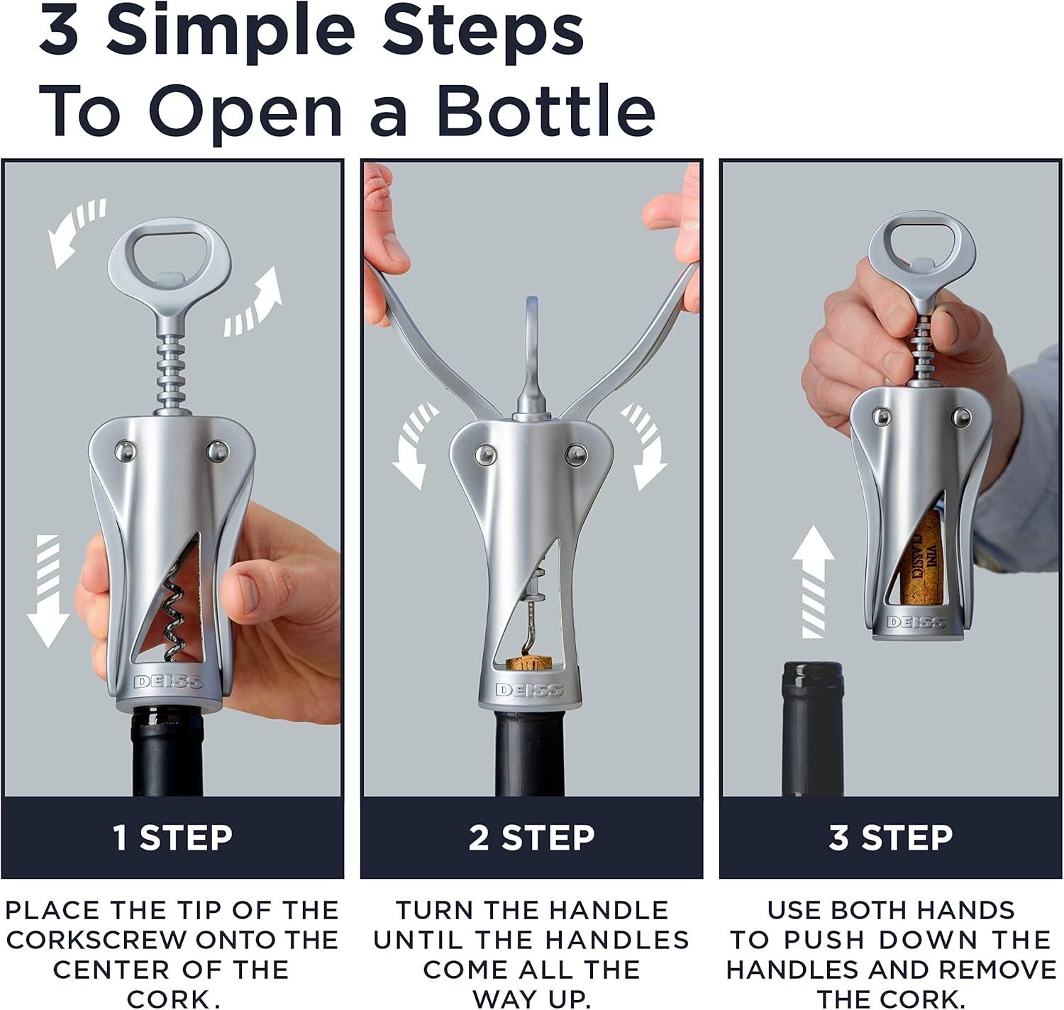 LUX Wine Opener, All-Metal Wing Corkscrew Wine Bottle Opener with Built-In Beer Bottle Opener - Ergonomic Cork Screw Wine Corker, Silver Matte Coating, Velvet Storage Pouch (SILVER)