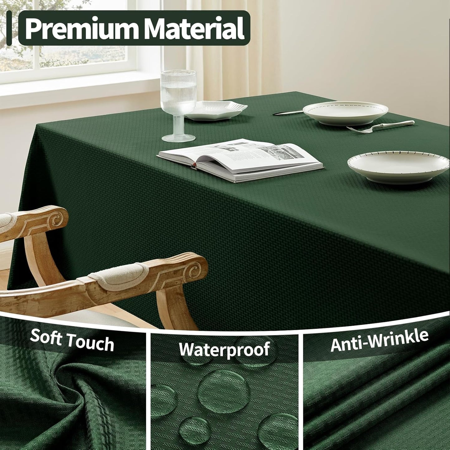 Rectangle Tablecloth Weaved Textured Water Resistant Spill Proof Table Cloth, Decorative Fabric Wrinkle Free Table Cover for Events and Dinner, 60 X 84 Inch, Hunter Green