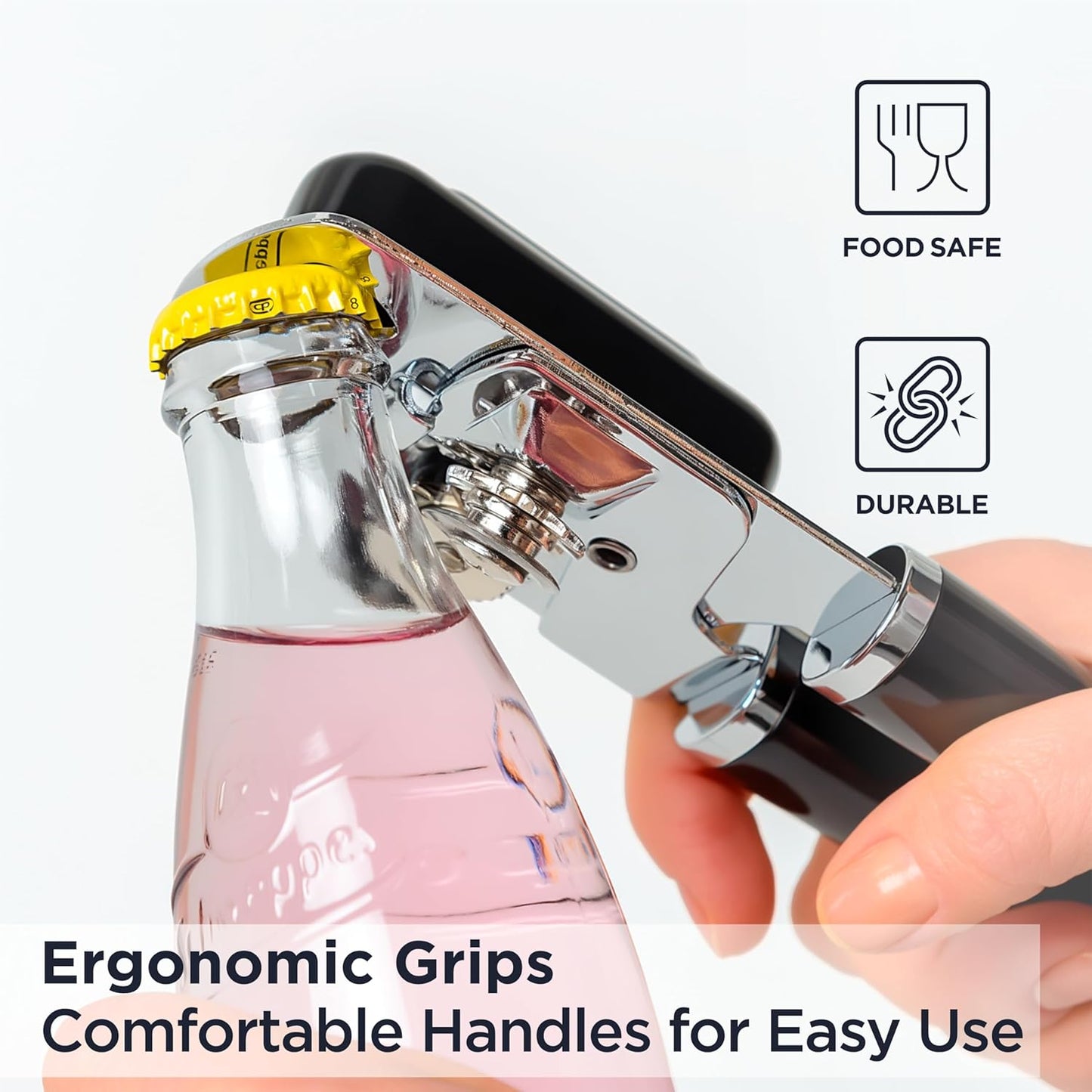 PRO Hand Held Can Opener – Smooth Edge Can Opener Manual & Bottle Opener, Heavy Duty Stainless Steel Can Openers, Effortless Turn Knob, Sharp Blade for Easy Cutting, Non-Slip Ergonomic Handle