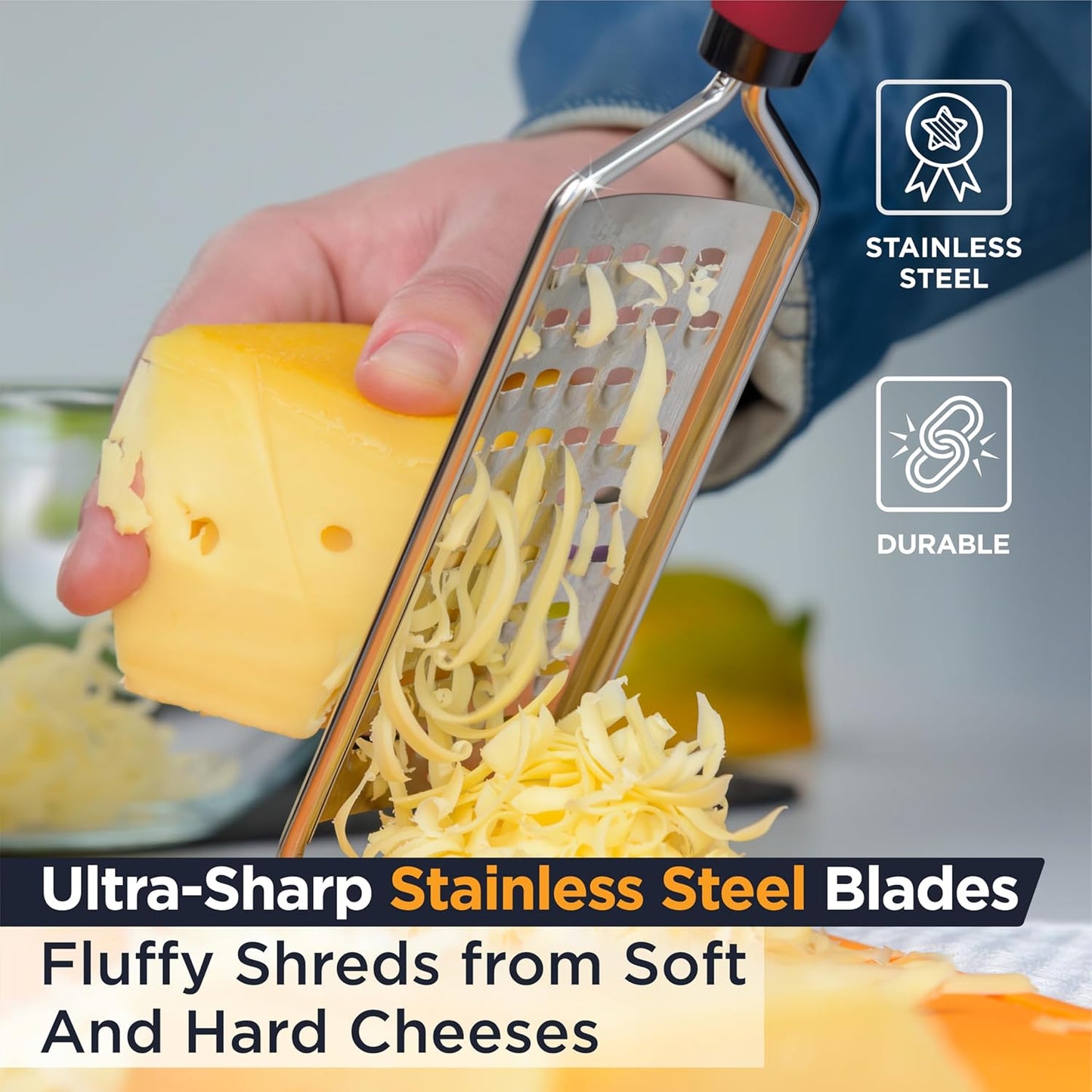 PRO Coarse Grater & Hand Held Cheese Grater - Sharp Stainless Steel Blades, Non-Slip Handle, Small Cheese Grater for Kitchen, Shredder, Dishwasher Safe