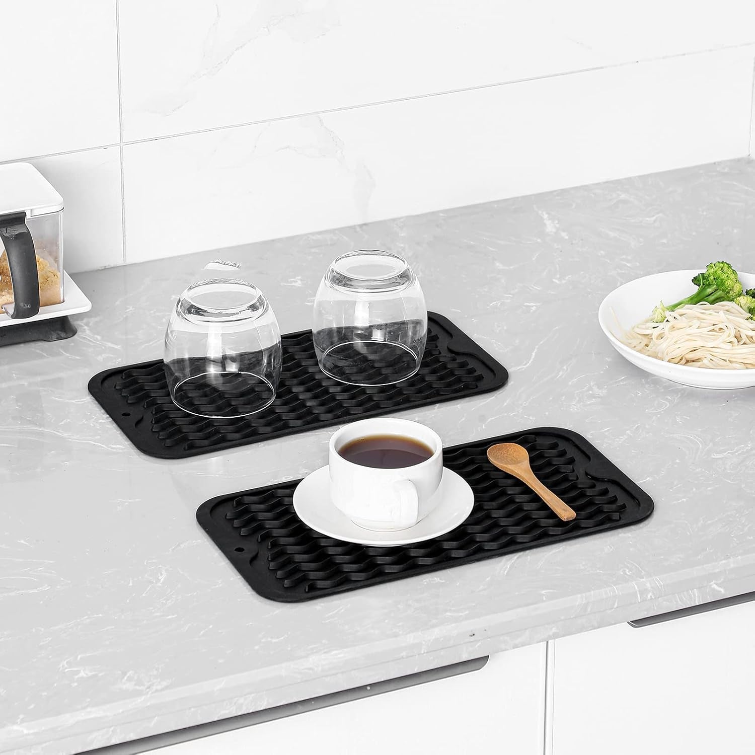 Silicone Dish Drying Mat for Multiple Usage,Easy Clean,Eco-Friendly,Heat-Resistant Silicone Mat for Kitchen Counter or Sink,Refrigerator or Drawer Liner Black S 12 Inches X 6 Inches