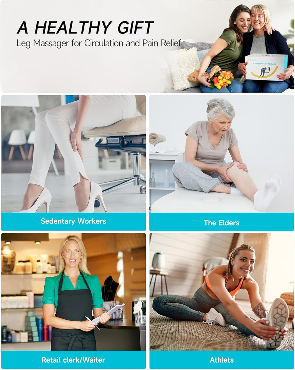 Leg Massager for Circulation and Pain Relief FSA, Gifts for Men Women Dad Mom, Leg Massager with Heat and Compression, 2 Heat 5 Modes 4 Intensities 4 Extenders