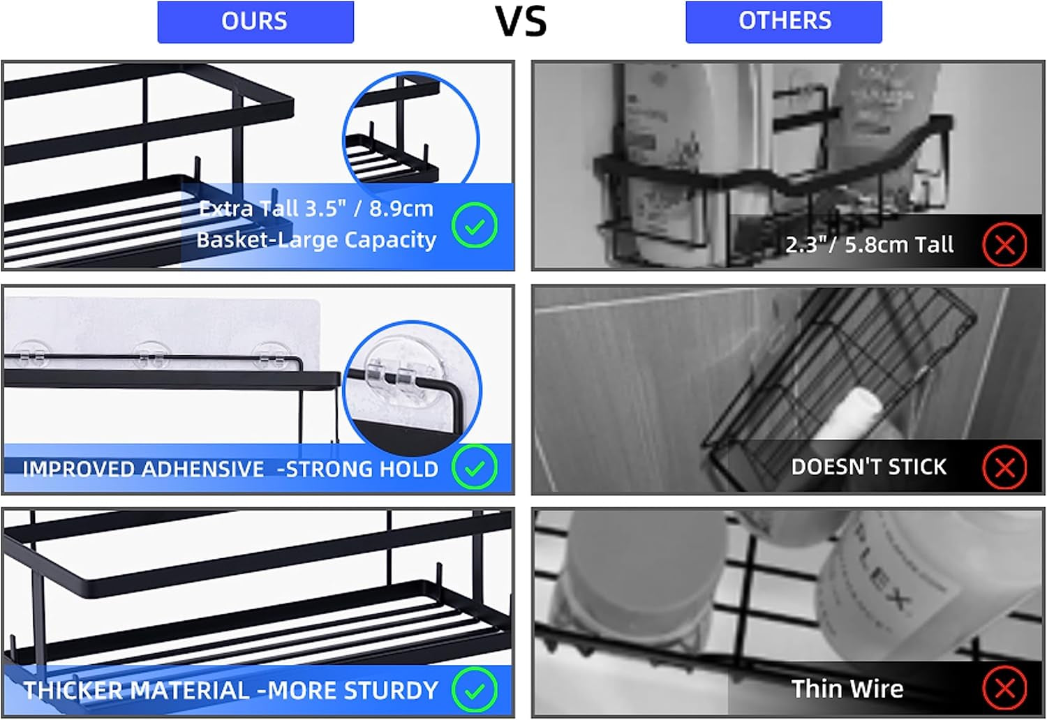 Set of 6 Bathroom Essentials Black Suction Cup Shower Caddy with Shower Baskets, Hooks, Razor Toothbrush Holder, and Soap Dish for inside Shower Storage