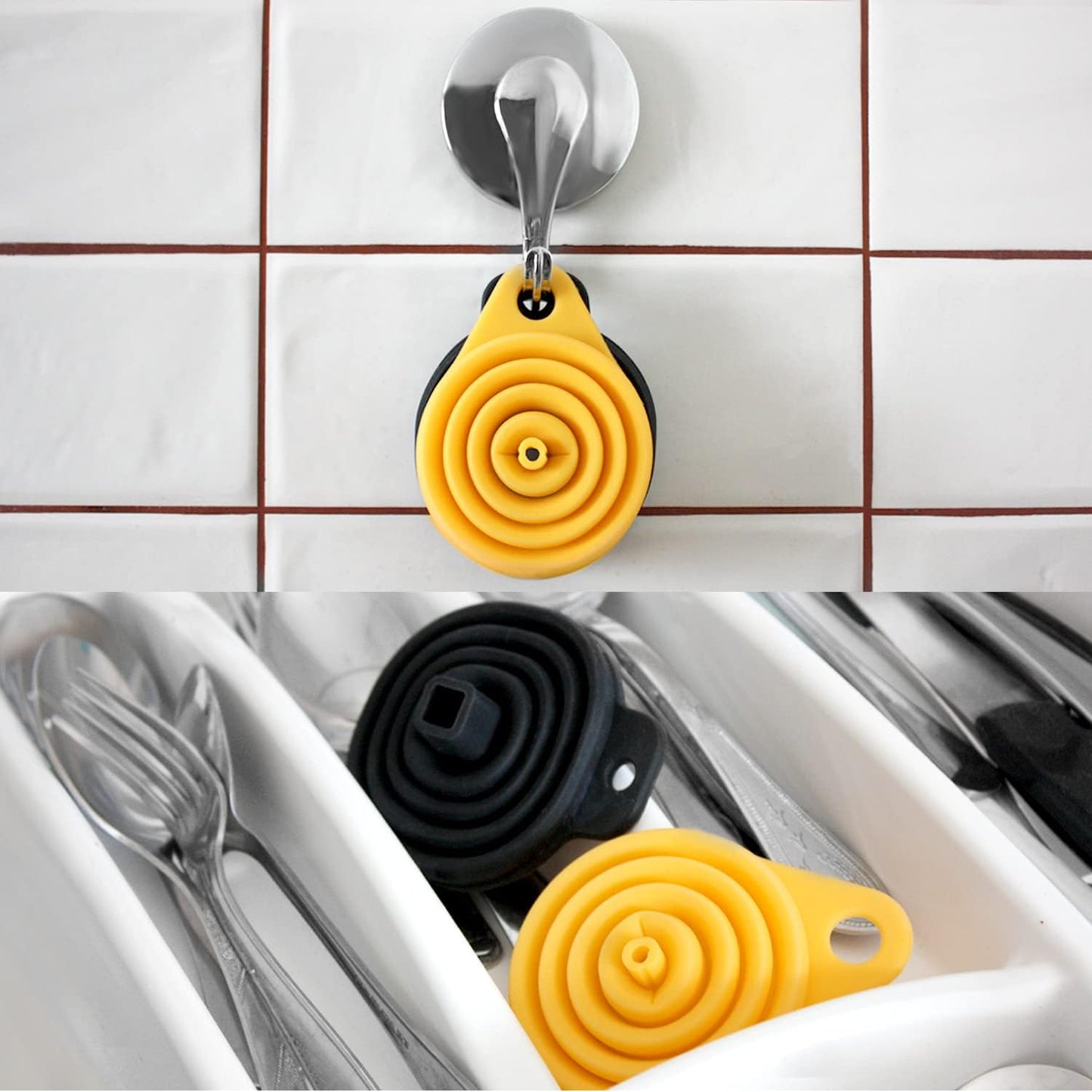 PRO Silicone Collapsible Funnel Set - Rounded & Squared Foldable Funnels - Food Grade, Dishwasher Safe - Set of 2 (Yellow, Black)