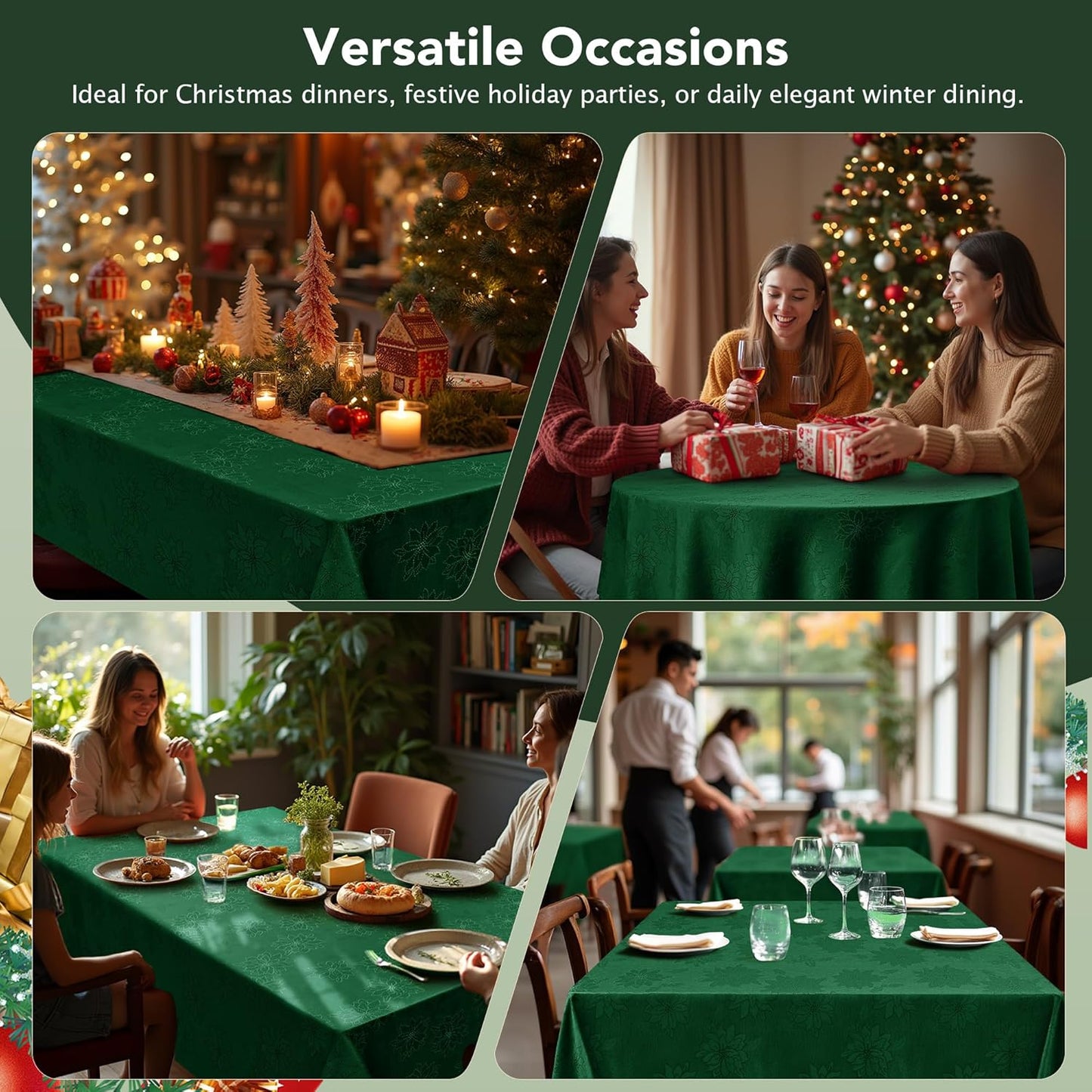 Christmas Hunter Green Tablecloth round 60 Inch-Fabric Xmas Holiday Winter Table Cloth-Jacquard Damask Poinsettia Modern Table Cover Small Circle Kitchen Dinner Dining Picnic Holiday Party