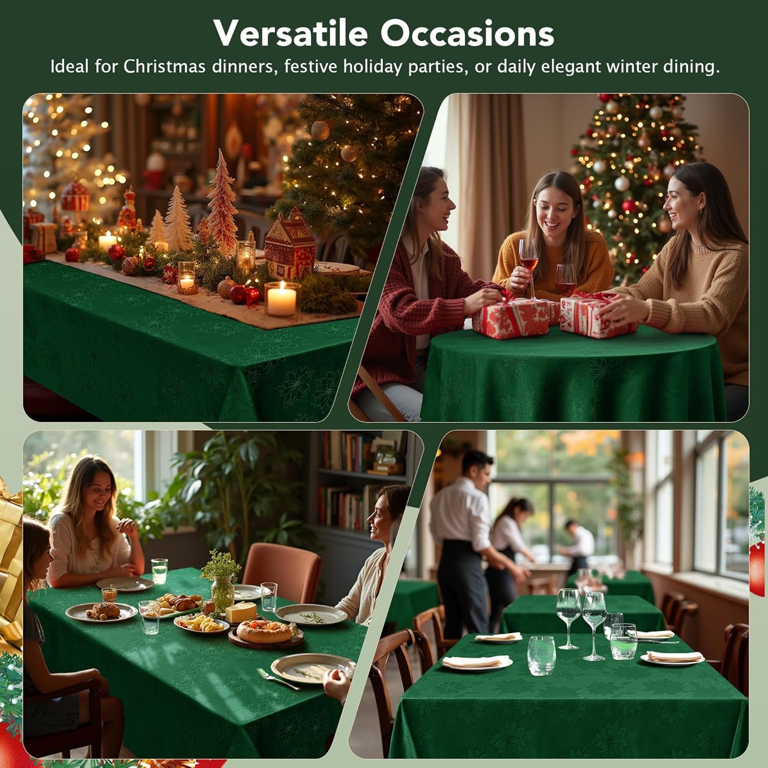 Christmas Hunter Green Tablecloth round 60 Inch-Fabric Xmas Holiday Winter Table Cloth-Jacquard Damask Poinsettia Modern Table Cover Small Circle Kitchen Dinner Dining Picnic Holiday Party