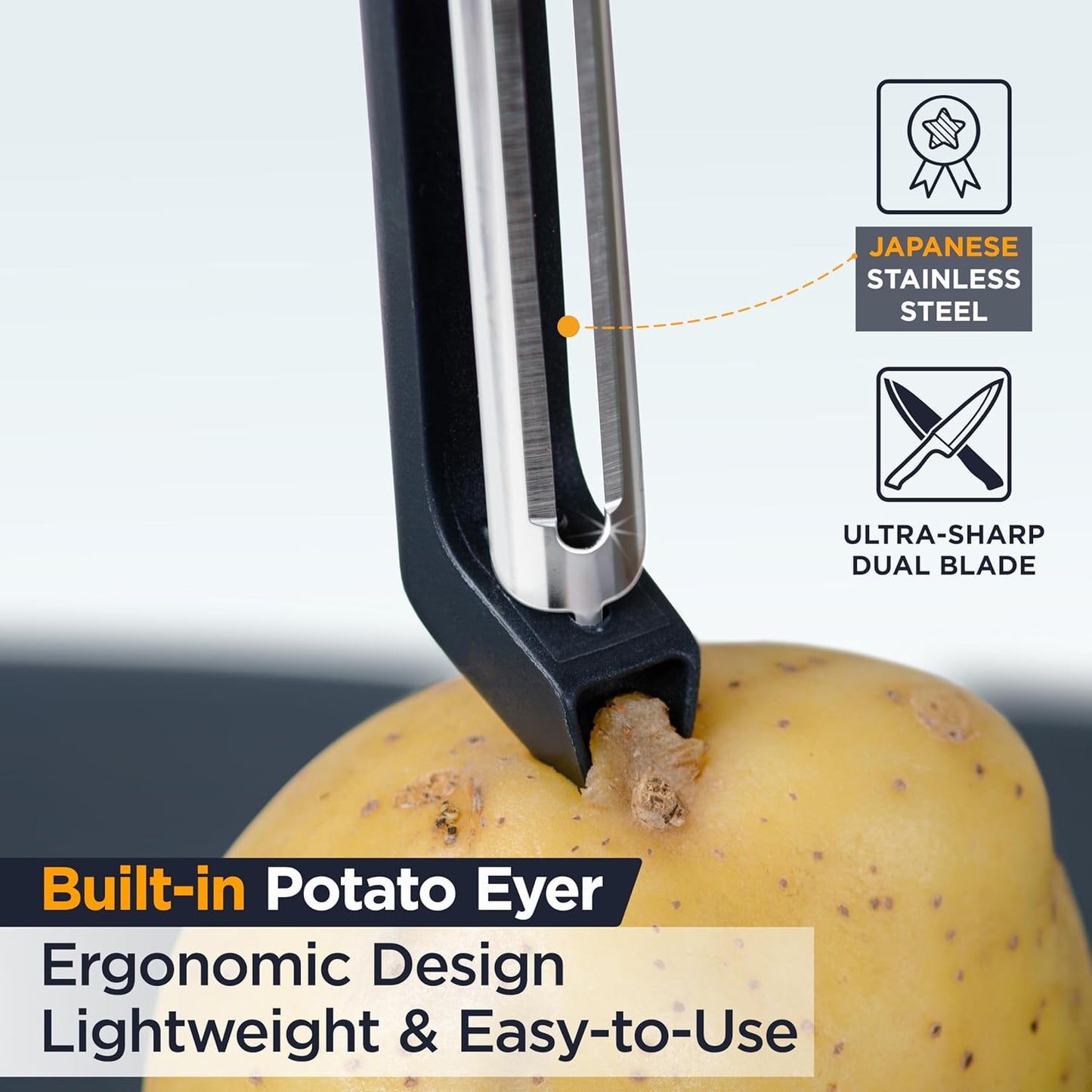 PRO Swivel Vegetable Peeler - Sharp Japan Stainless Steel Peeler with Easy Non-Slip Hand Grip, Potato Peelers for Kitchen, Fruit, Carrot, Apple, Veggie, Kiwi, Durable, Dishwasher Safe