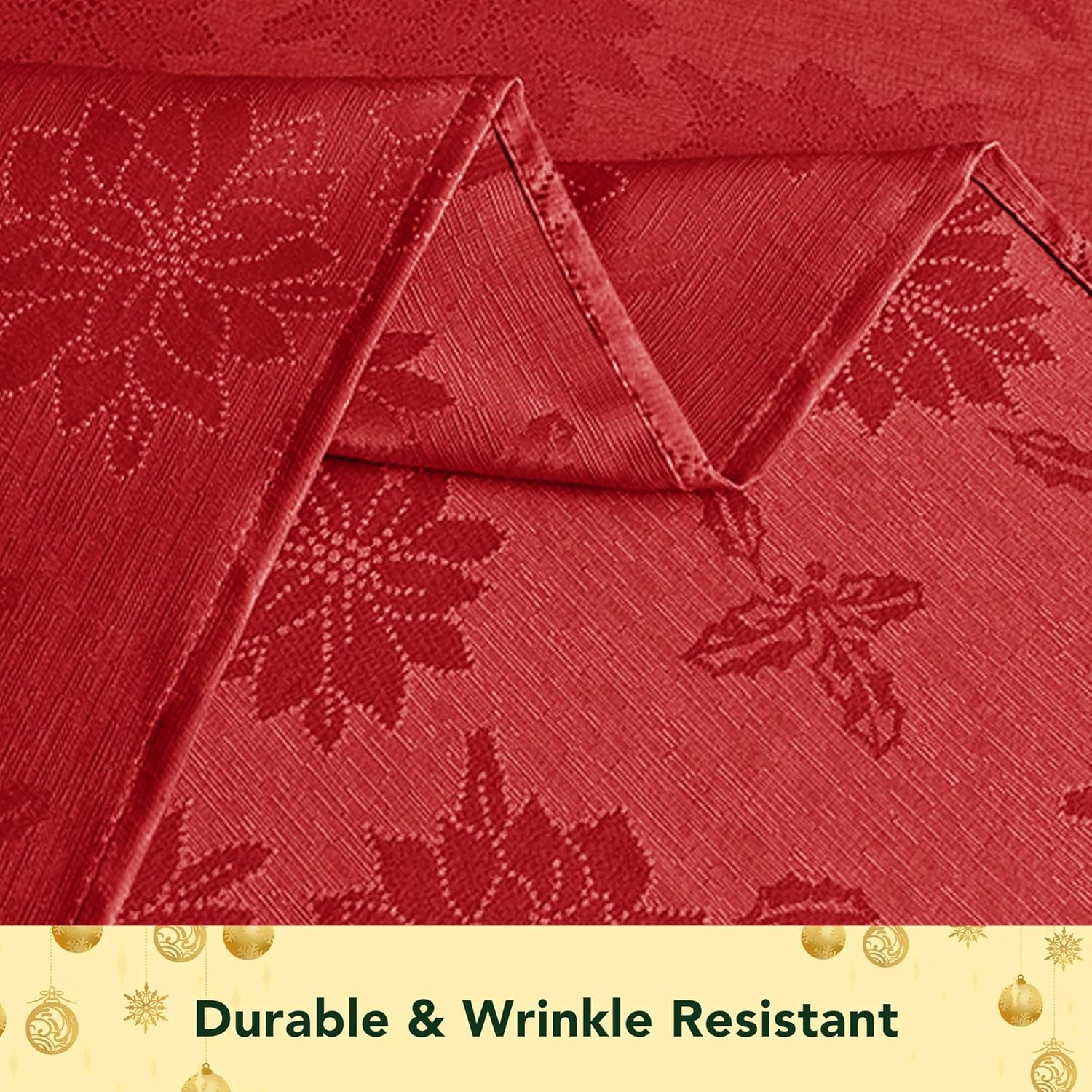 Christmas Red Tablecloth round 60 Inch-Fabric Xmas Holiday Winter Table Cloth-Jacquard Damask Poinsettia Modern Table Cover Small Circle Kitchen Dinner Dining Picnic Holiday Parties