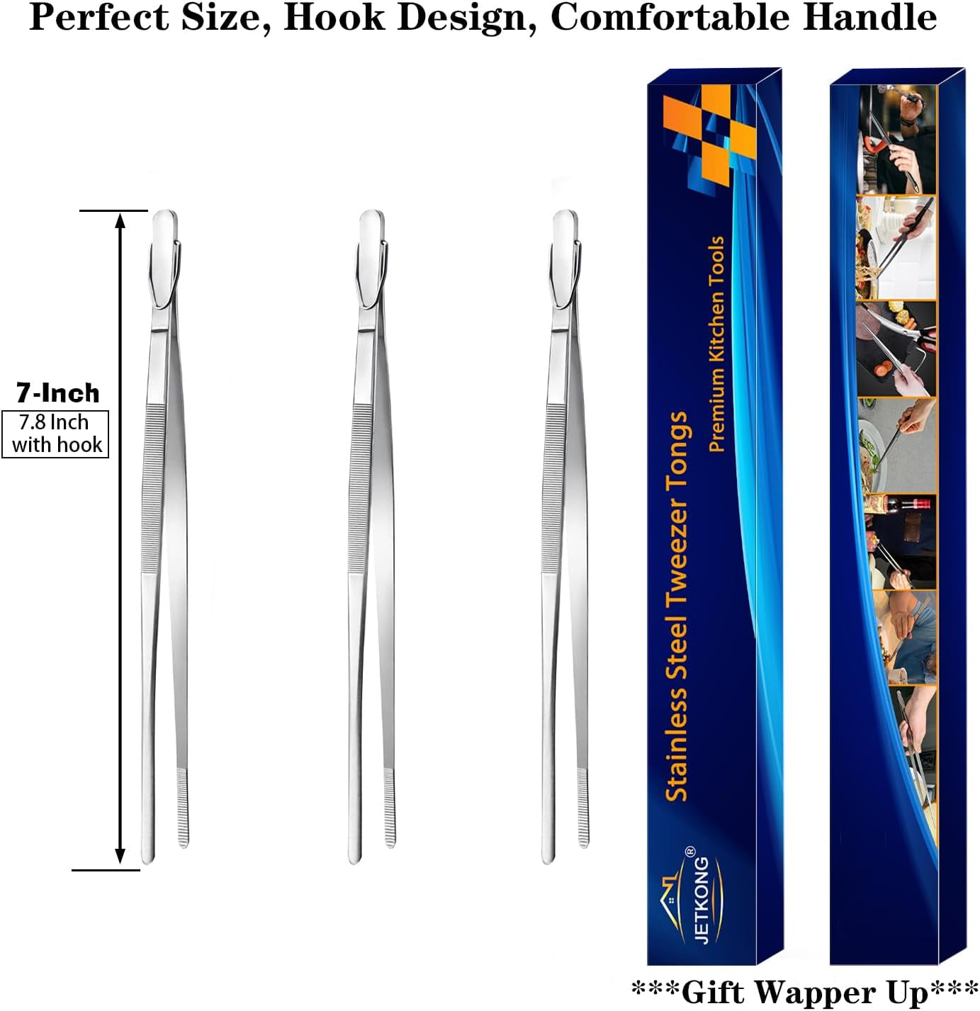 7 Inch Tweezers Tongs Mini Kitchen Food Tweezers Small Cooking Thin Tongs, Set of 3 (7 7 7 Inch, Silver)