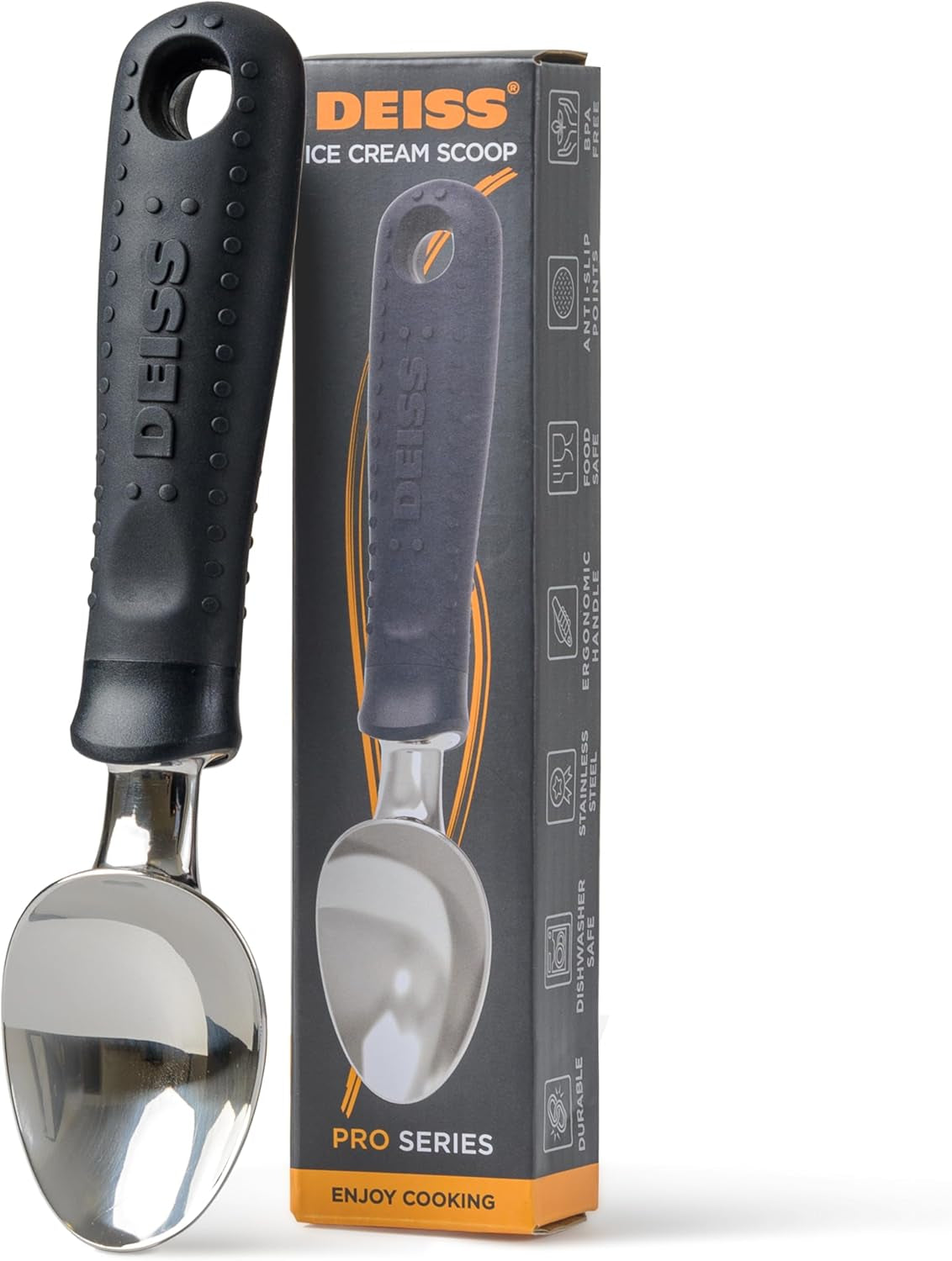 Pro Ice Cream Scoop, Stainless Steel with Soft Rubber Handle, Perfect Ergonomic Design for Easy Grip, Heavy Duty Ice Cream Scooper for Spooning Frozen Hard Gelato and Sorbet, Cookie Dough