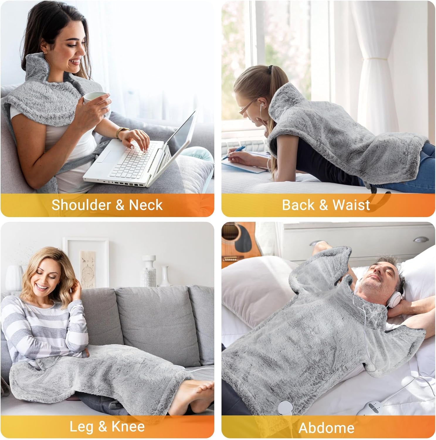 Massaging Heating Pad for Neck and Shoulders and Back, 24" X 35" Large Electric Heating Pad for Back Pain Relief with 3 Heat Levels, 4 Massage Settings, 2H Auto Shut-Off, 4 Massage Motors,Grey