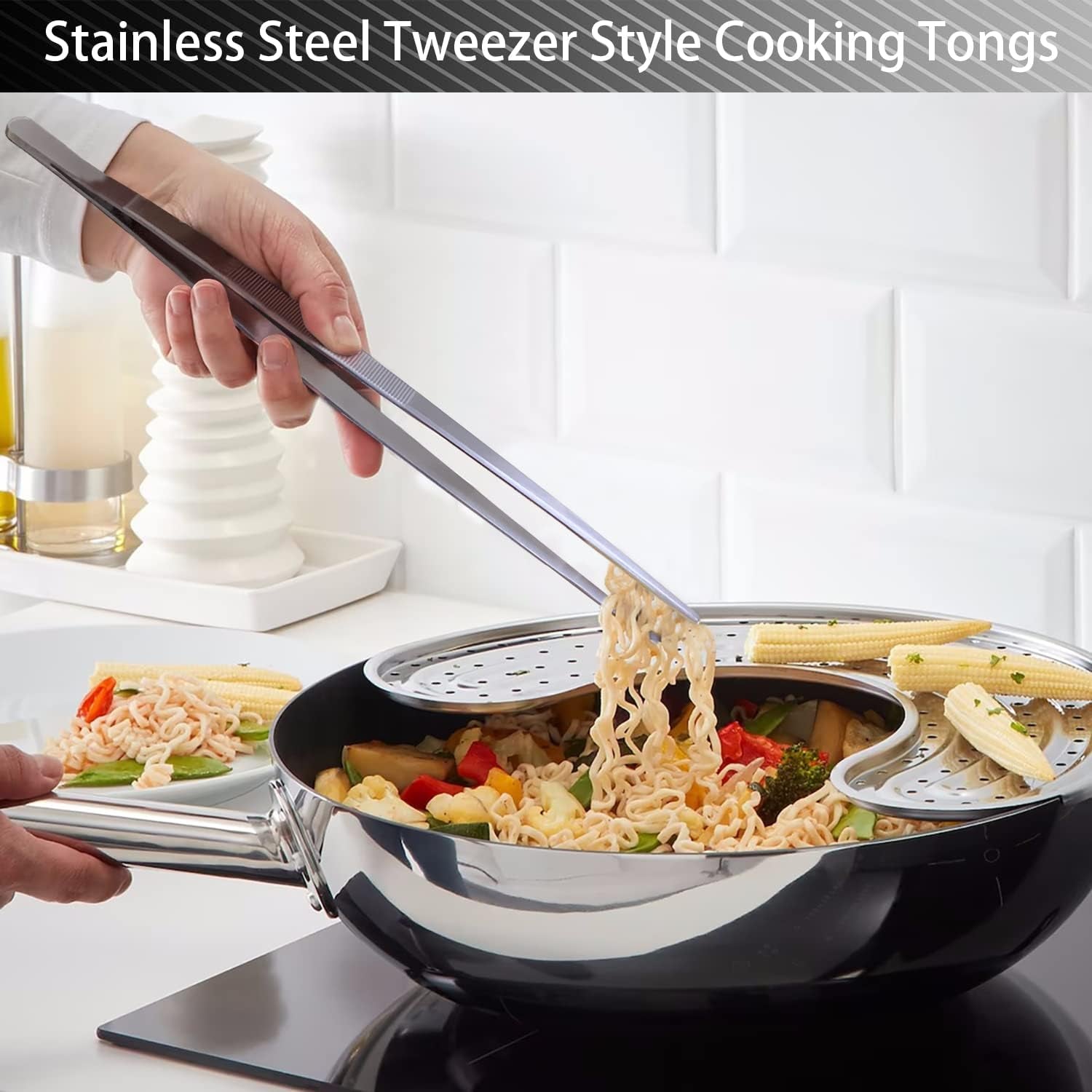 2 Pcs 10-Inch Cooking Tweezers Stainless Steel, Straight Food Tweezers, Professional Kitchen Forceps for Cooking Repairing and BBQ (Silver)