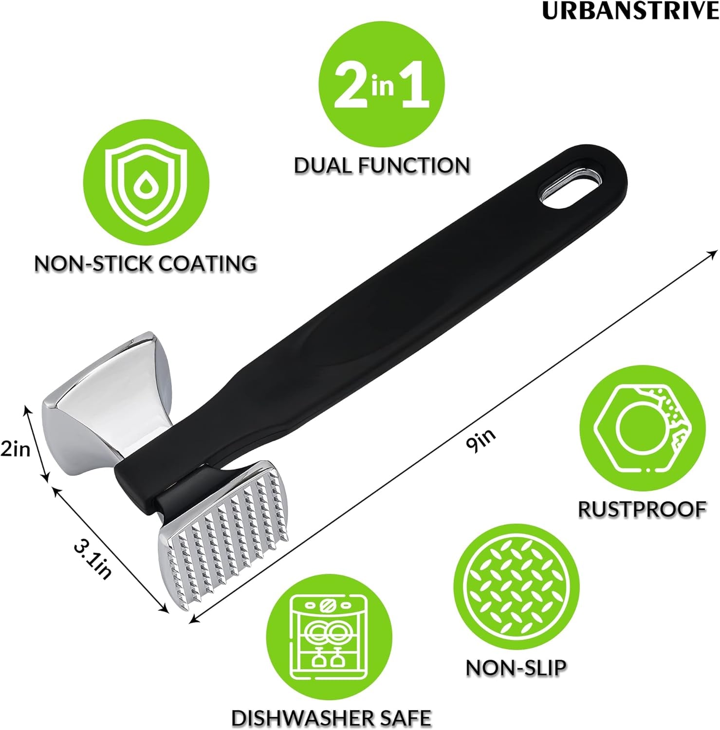 Premium Heavy Duty Meat Tenderizer Hammer, Stainless Steel Meat Mallet Tenderizer, Dual-Sided Meat Hammer Tenderizer, Meat Pounder Kitchen Mallet for Beef, Chicken Pounder, Black