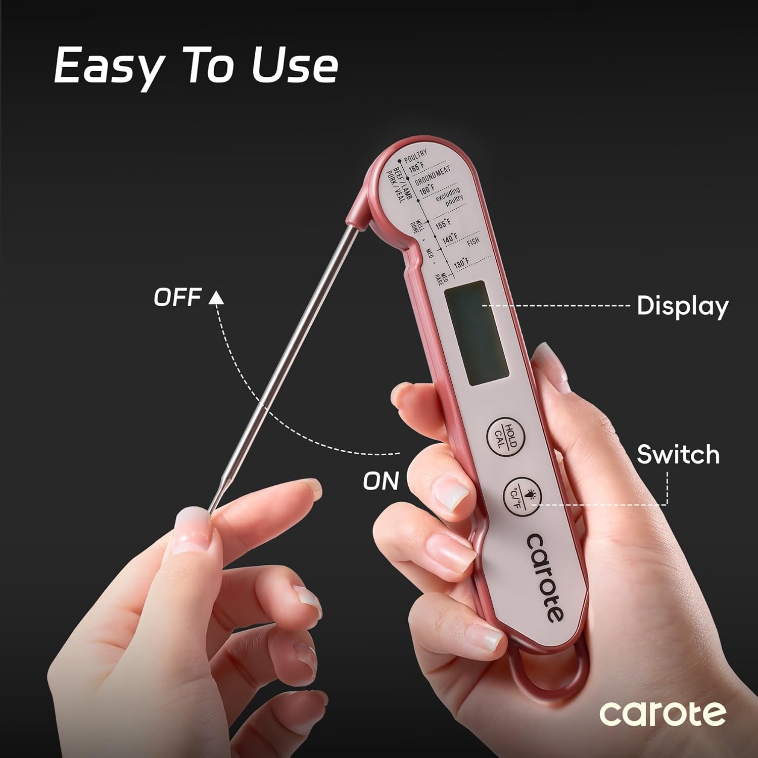 Instant Read Meat Thermometer Digital, 100% Waterproof/Auto Flip/Bright LCD Screen Function for Kitchen and Outside，Bbq, Turkey, Candy, Liquids, Beef (White/Red)