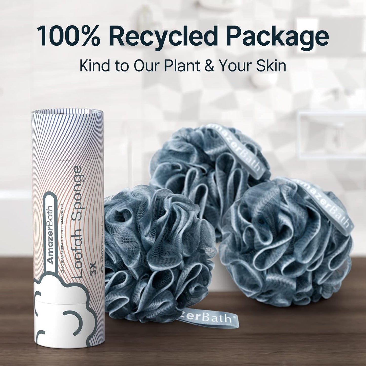 Loofah Sponge, Shower Loofah for Men and Women - Body Scrubber Loofa Set of 3 Indigo & White Edge, Bath Sponge 60G/Pcs