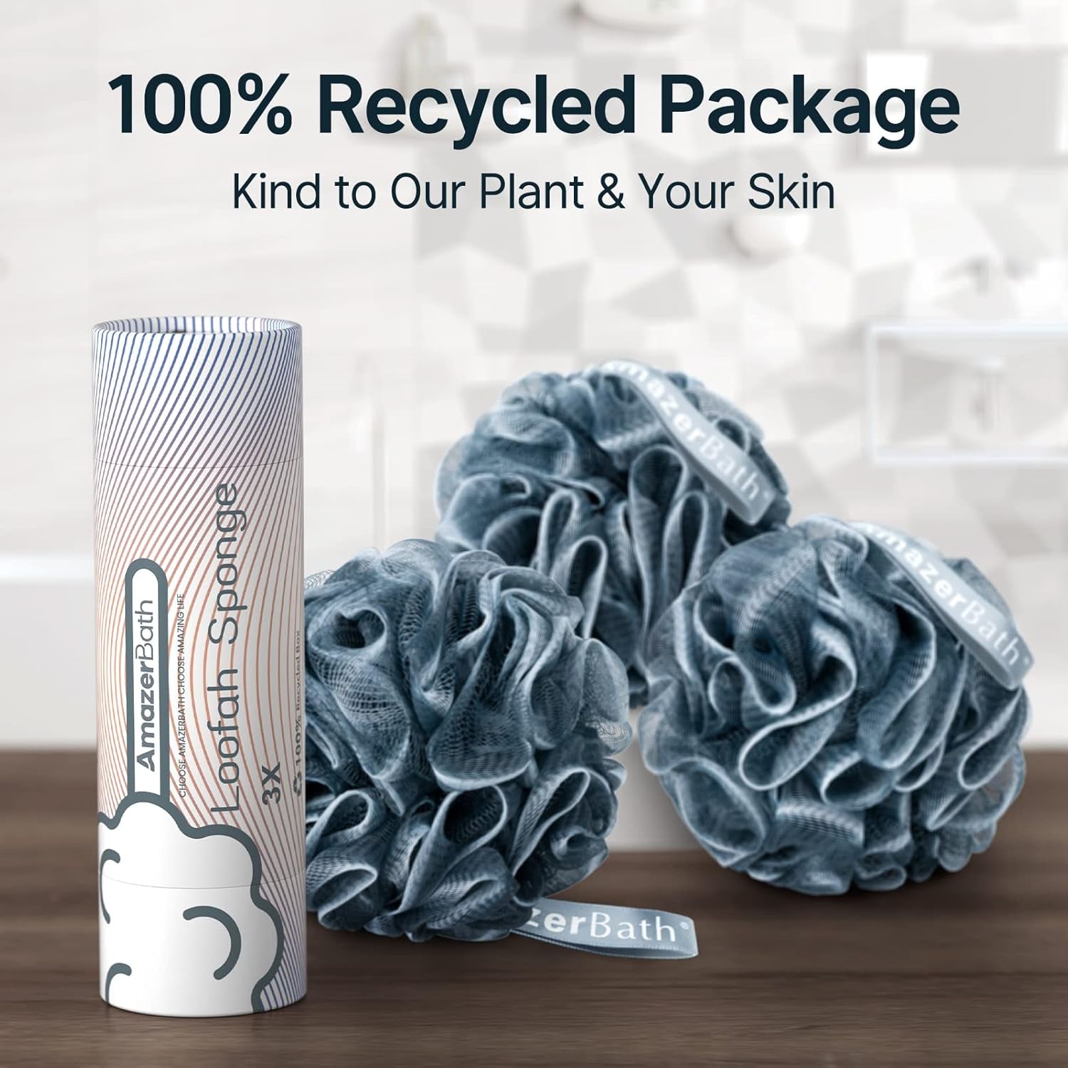 Loofah Sponge, Shower Loofah for Men and Women - Body Scrubber Loofa Set of 3 Indigo & White Edge, Bath Sponge 60G/Pcs