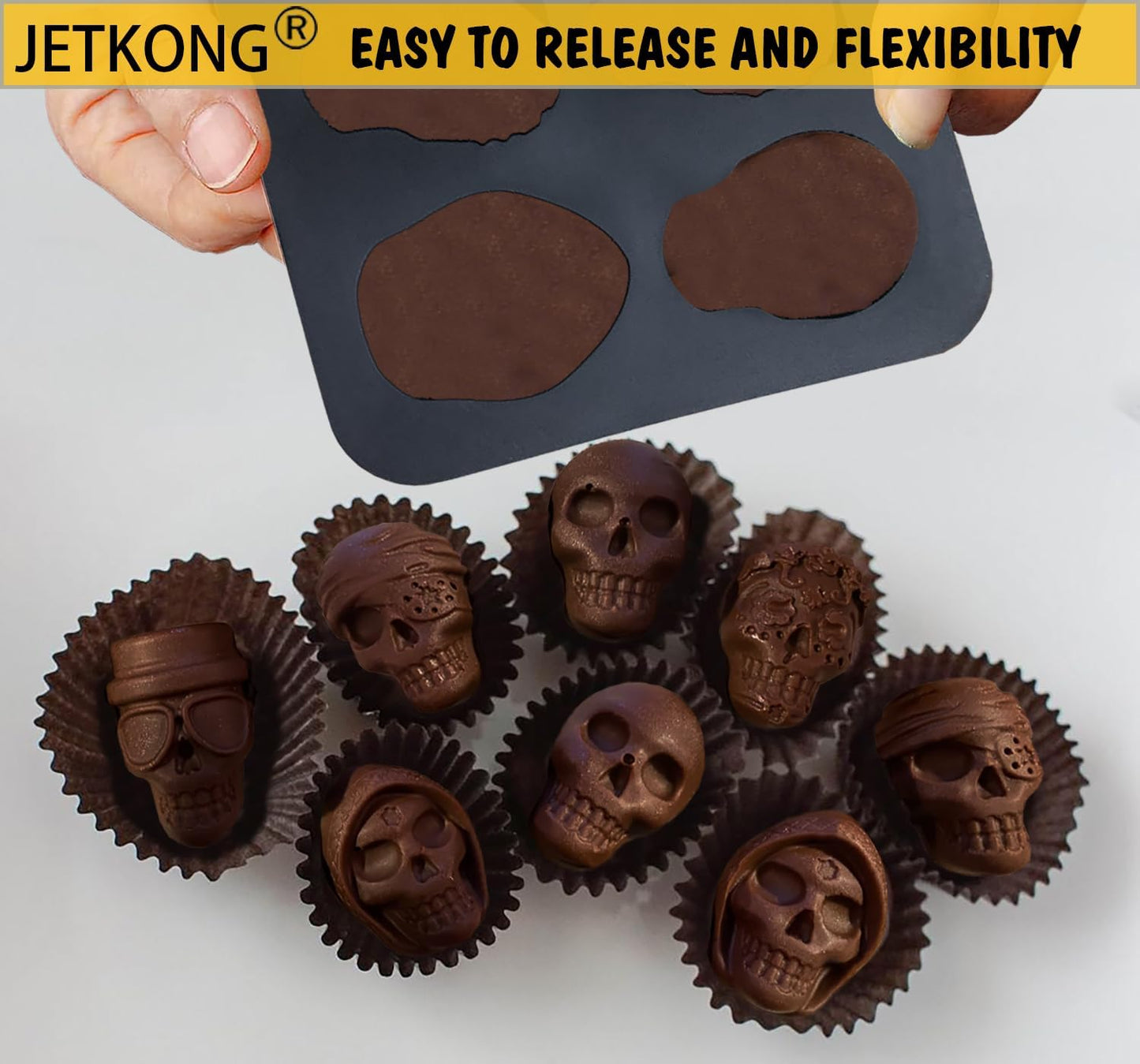 10 Cavity Skull Chocolate Molds Silicone Skull Candy Mold for Jelly Crayon Resin, Pack of 2 (Black)