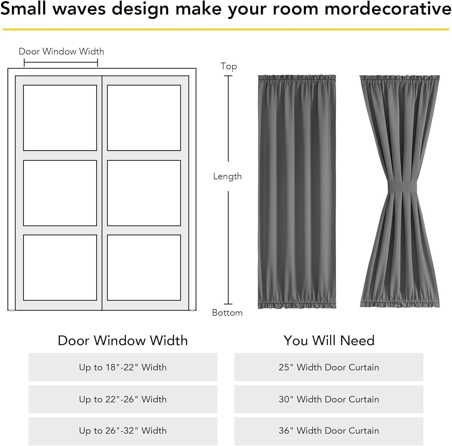 100% Blackout Door Curtain for Window, Privacy French Front Door Shade Thermal Insulated Window Covering for Kitchen Living Room Bedroom, 1 Panel, Grey, 25" W X 72" L