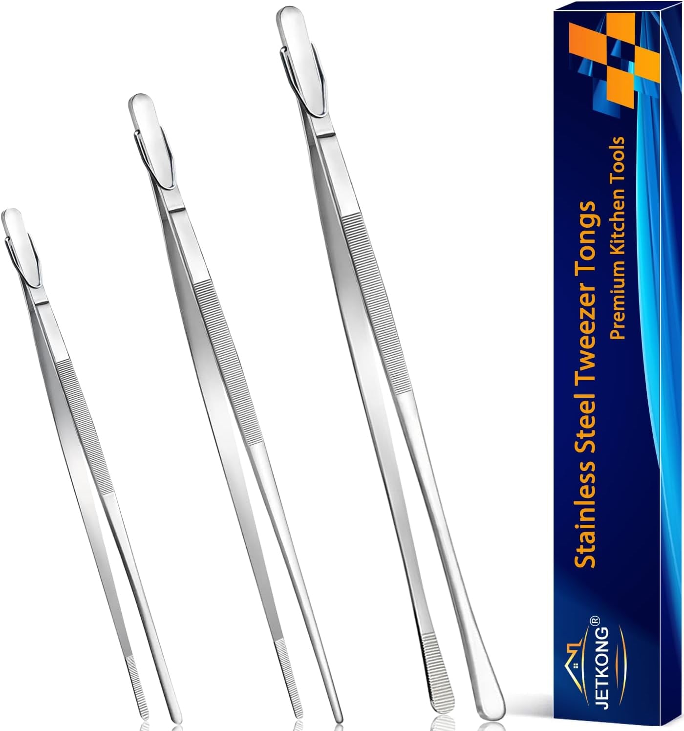3 Pcs Kitchen Tweezers Tongs, Stainless Steel Cooking Tweezers, 8+10+12 Inch Ideal for Meat, Pasta, Plating and Pinching Delicate Small Pieces of Food (Silver)