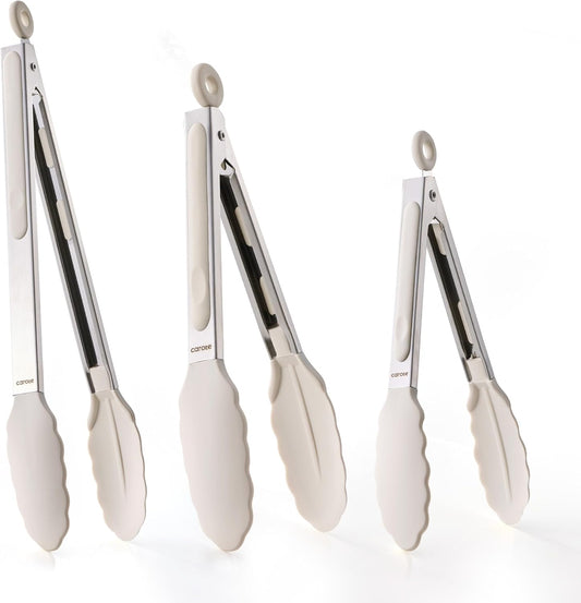 Tongs for Cooking 428ºf Heat Resistant Locking Stainless Steel Kitchen Tongs with Non Scratch Silicone Tips, Perfect for Nonstick Cookware, BBQ Tongs Set of 3 (7"+9"+12")