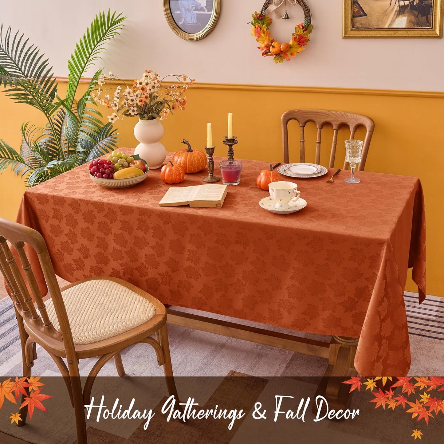 2 Packs Fall Tablecloth Rectangle Tables 60X84''-Rust Thanksgiving Autumn Harvest Gathering Jacquard Fabric Damask Table Cloths Kitchen Dinner Dining Outdoor Picnic Holiday Parties