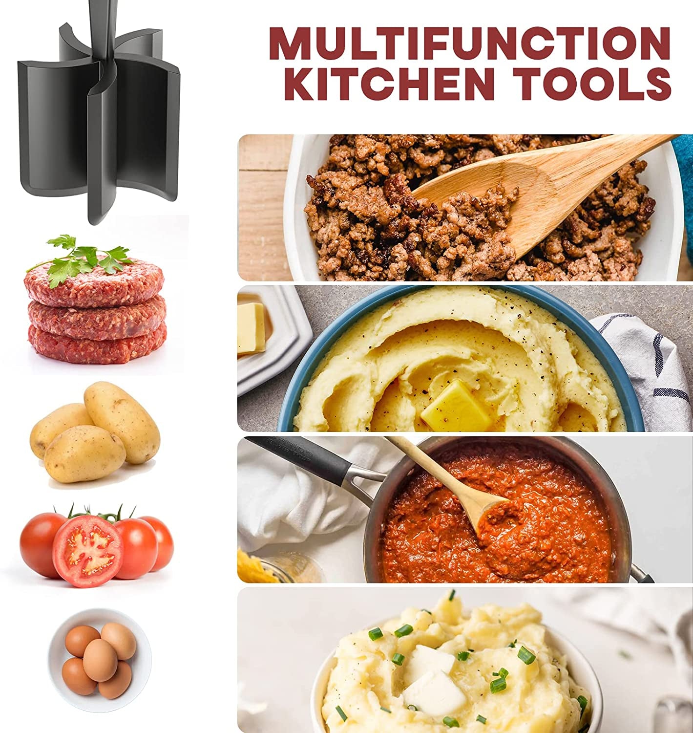 Meat Chopper, Hamburger Grinder, Premium Heat Resistant Smasher for Ground Beef, Burger Grinder Nylon Potato Mix Tool, Meat & Poultry Tenderizers-Black