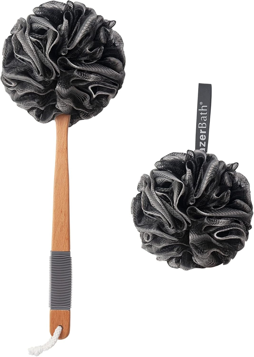 Shower Sponge Loofah Back Scrubber, PE Soft Mesh Loofah Body Scrubber with Long Wooden Handle, Bath Sponge for Men Women (Black)