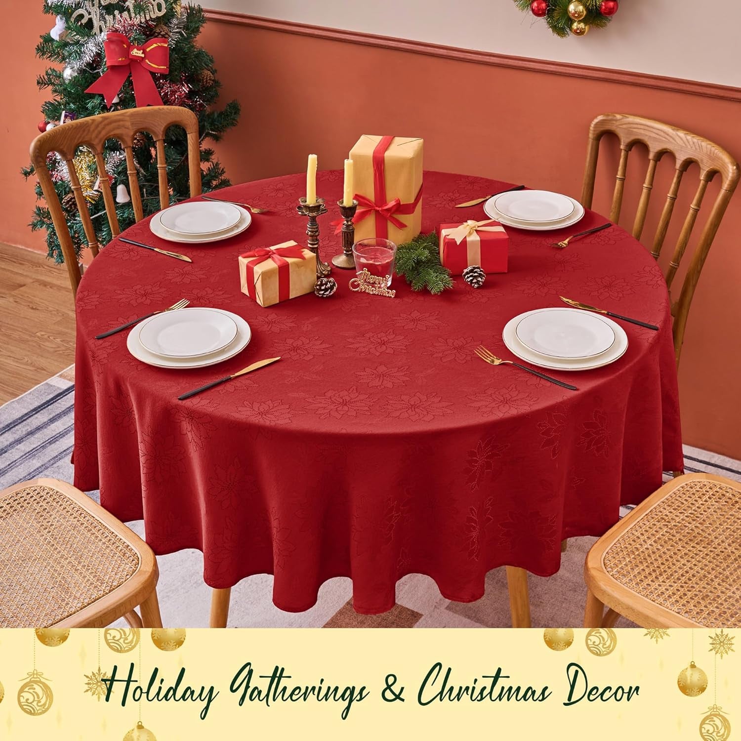Christmas Red Tablecloth round 60 Inch-Fabric Xmas Holiday Winter Table Cloth-Jacquard Damask Poinsettia Modern Table Cover Small Circle Kitchen Dinner Dining Picnic Holiday Parties