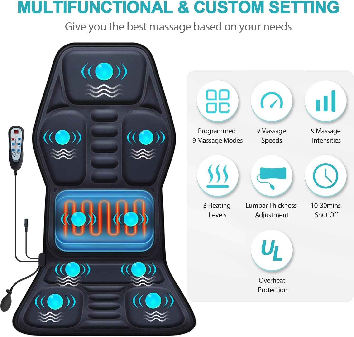 Massage Seat Cushion Pad with Heat 9 Massage Style Lumbar Support Function, Fatigue Stress Relief Back Massager Chair Pad for Men Women Home Office Use