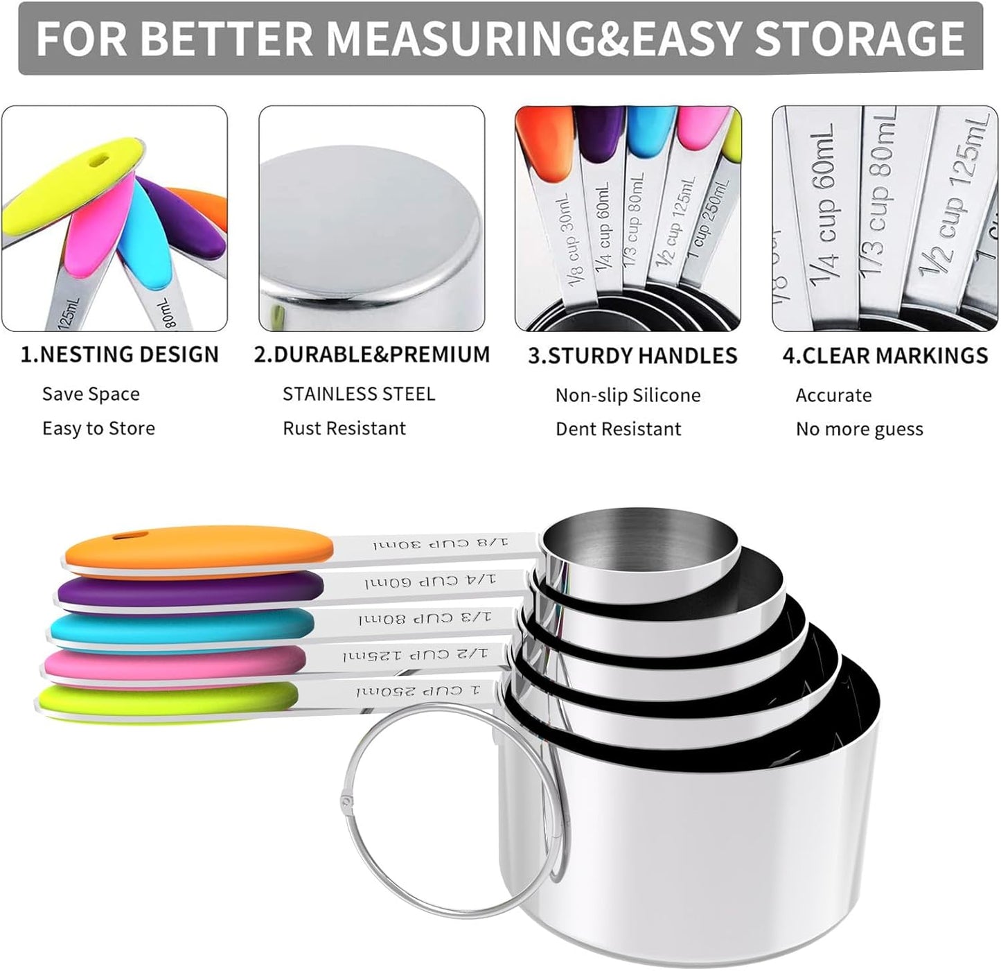 Measuring Cups and Spoons Set, Stainless Steel, Kitchen Utensils for Cooking and Baking (10)