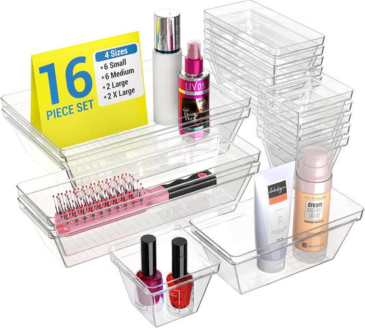 Set of 16 Stackable Non-Slip Acrylic Organizers for Organization and Storage -4 Sizes Cabinet Organizer for Makeup Tray, Kitchen Drawer Organizer, and Desk Drawer Organizer
