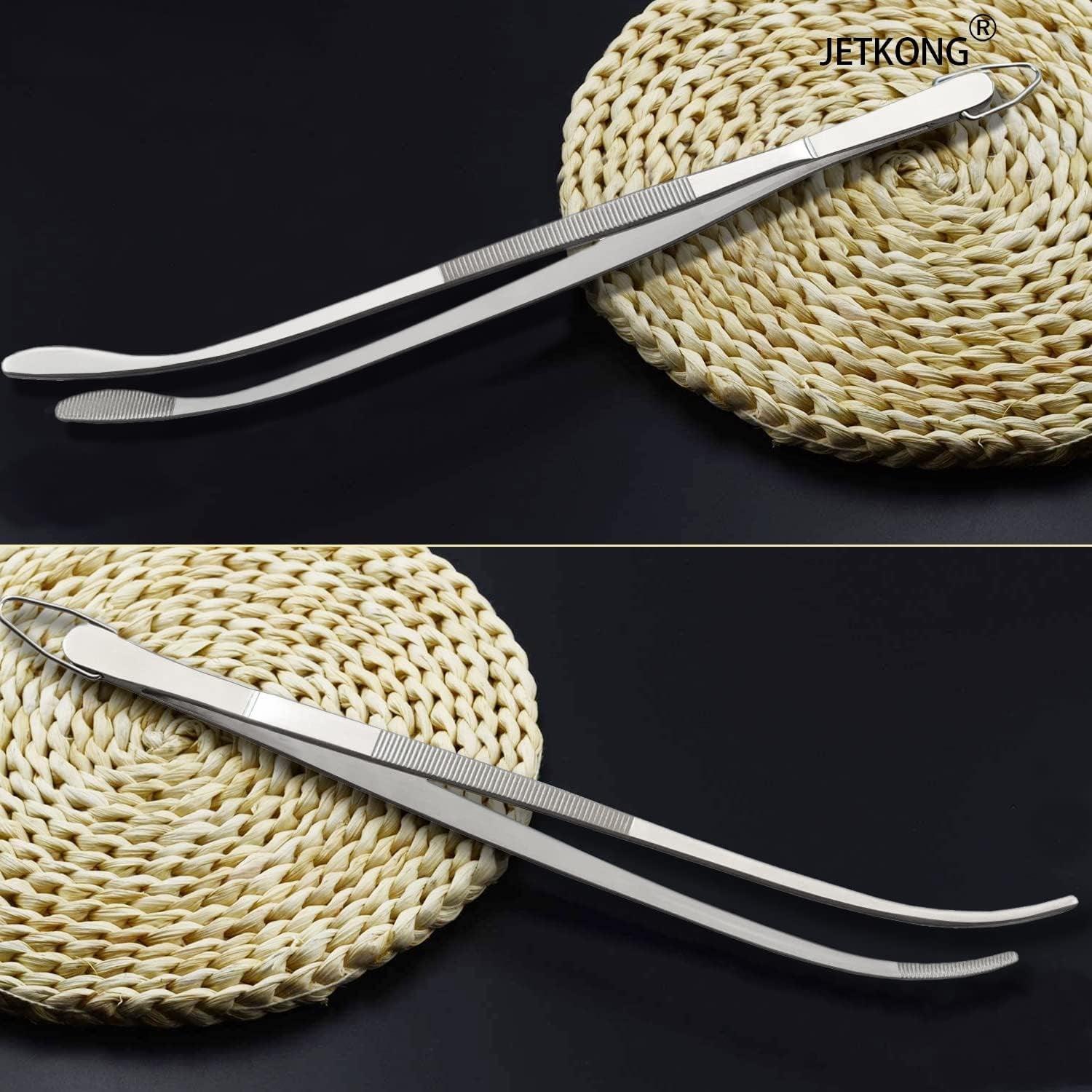 2 Pcs 12'' Curved Kitchen Tweezers Stainless Steel Long Tweezer Tongs Professional Chef Tweezers for Cooking, Grilling and BBQ (Silver)