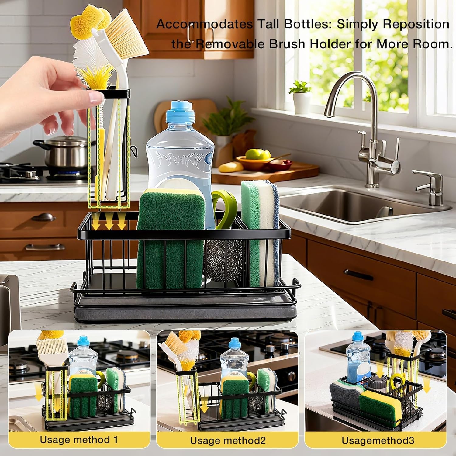 Kitchen Sink Caddy Organizer with Fast Drying Stone Tray, Rustproof Stainless Steel Sponge Holder for Kitchen Countertop, Diatomaceous Earth Mat for Soap Scrubber & Brush